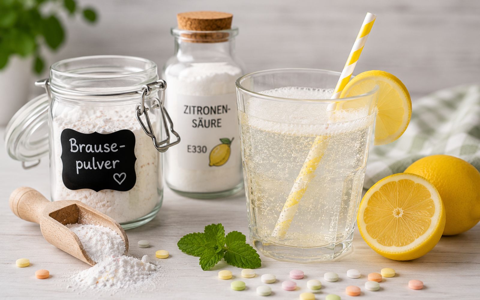 Brausepulver und Getränk mit Zitronensäure, Natron und Zitrusfrüchten