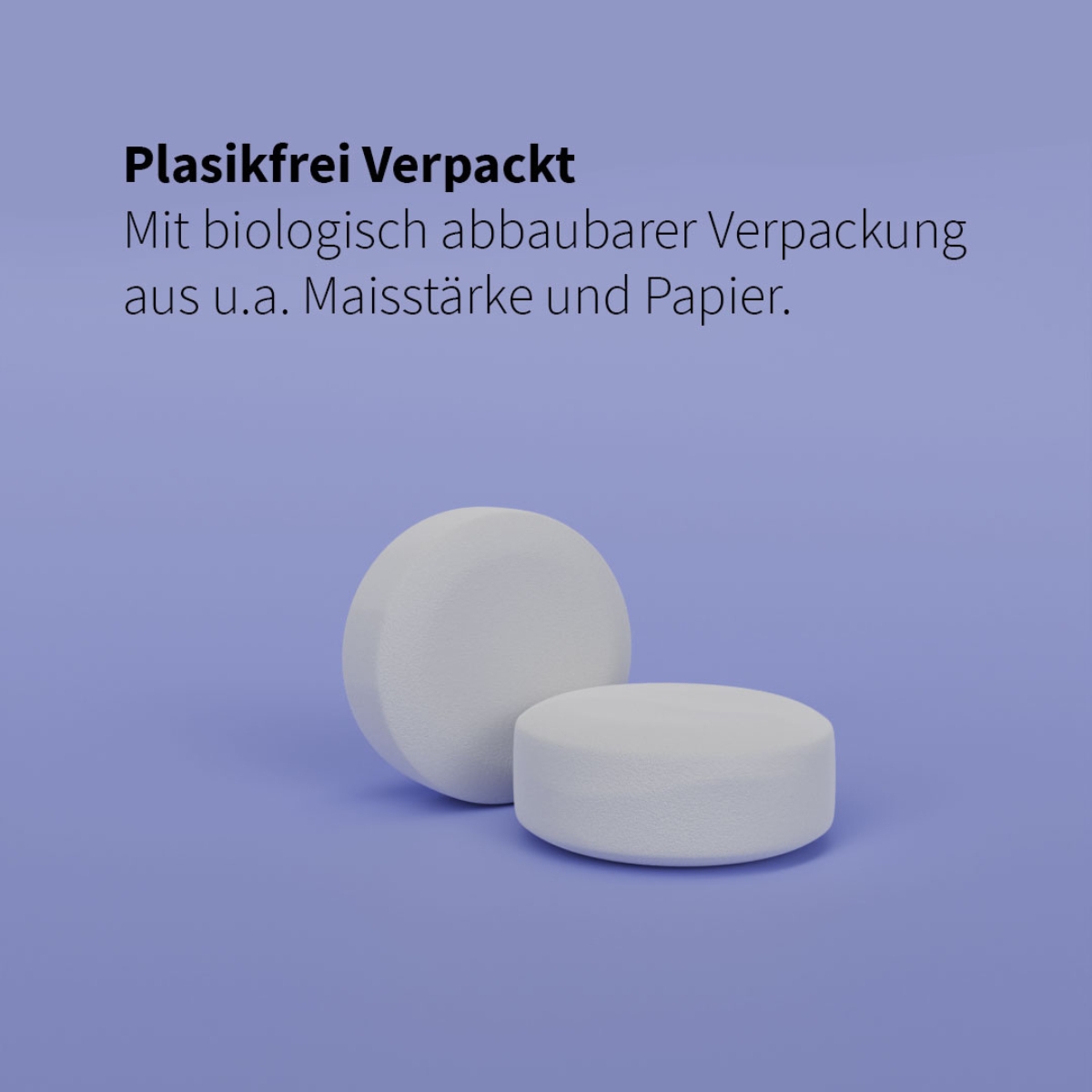 Zwei weisse Zahnputztabletten auf lila Hintergrund_ Text zur plastikfreien Verpackung