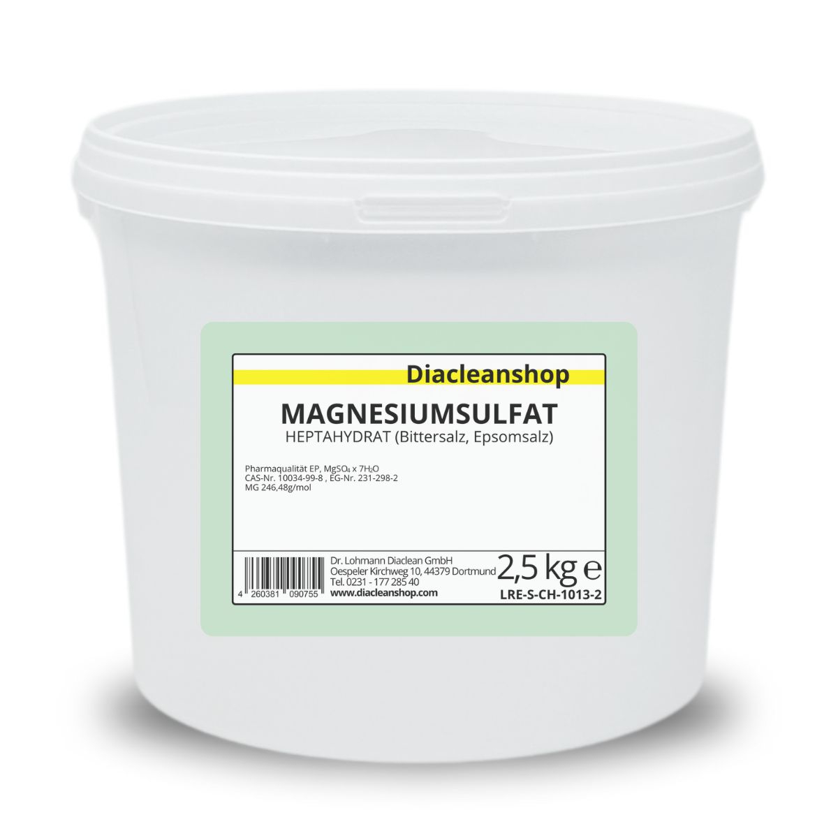 Weisser Kunststoffeimer mit gruenem Etikett und der Aufschrift Magnesiumsulfat 2_5kg von Diacleanshop