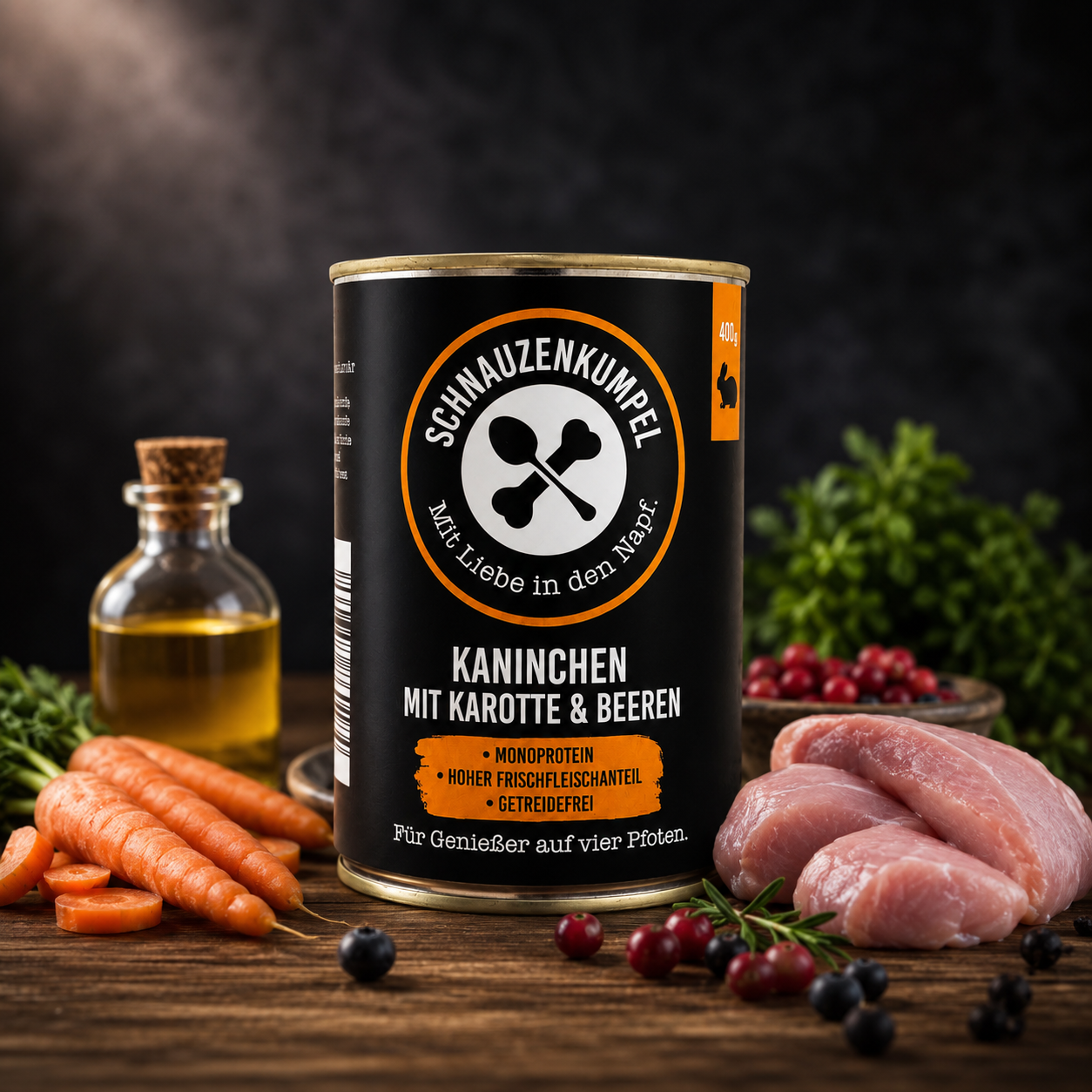 Produktdose Schnauzenkumpel Nassfutter Kaninchen mit Karotte _ Beeren_ umgeben von Kaninchenfleisch_ Karotte und Beeren