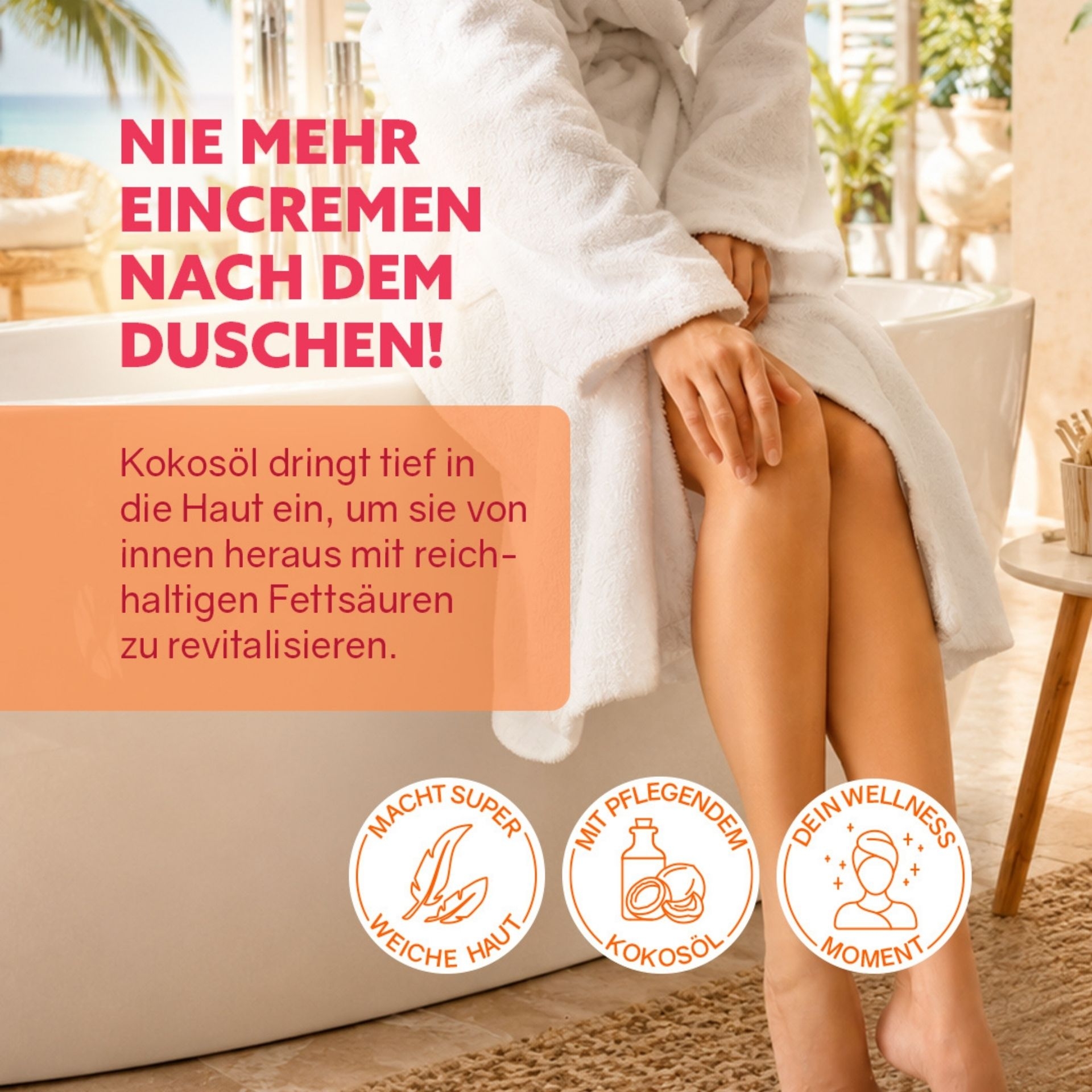 3in1 Dusch-Fluff Bali mit pflegendem Kokosoel macht Eincremen nach dem Duschen ueberfluessig