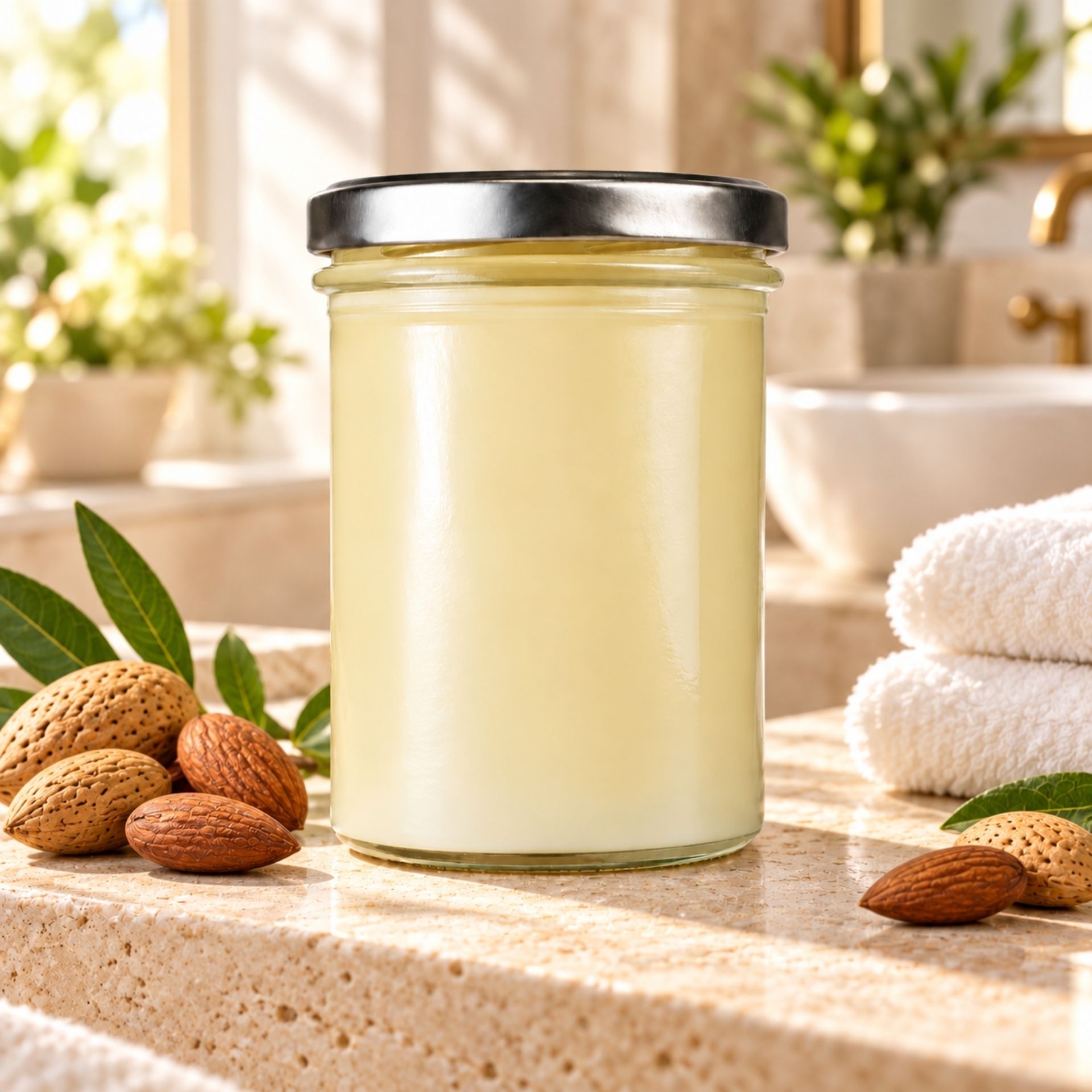 Bio Mandelbutter 350 ml im Glas mit Mandeln_ gruenen Blaettern und Handtuechern im Badezimmer