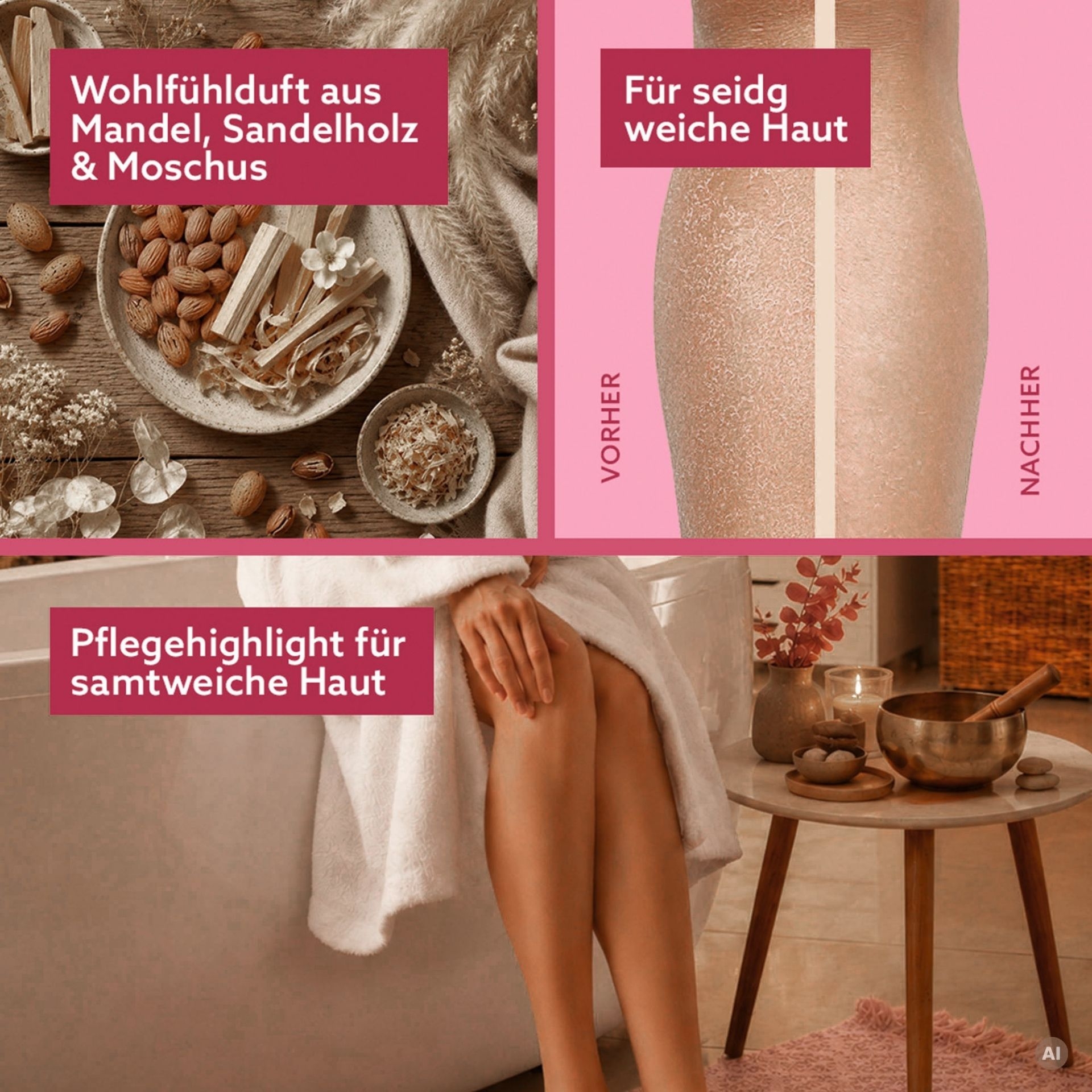 3in1 Dusch-Fluff Geborgenheit mit Mandel und Sandelholz sowie Vorher-Nachher-Darstellung der Haut