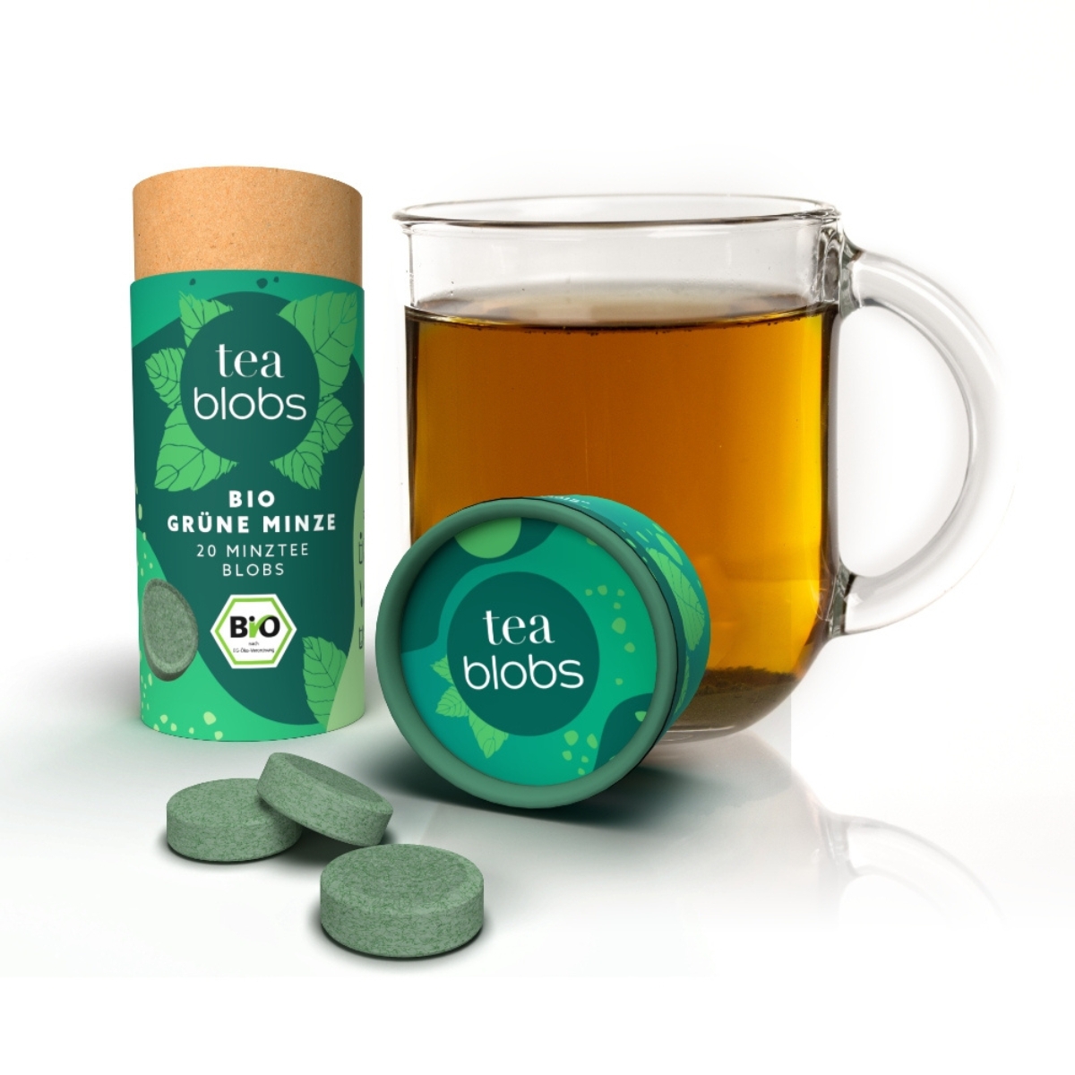 Teablobs Bio Gruene Minze Dose mit Glas Minztee und Blobs davor