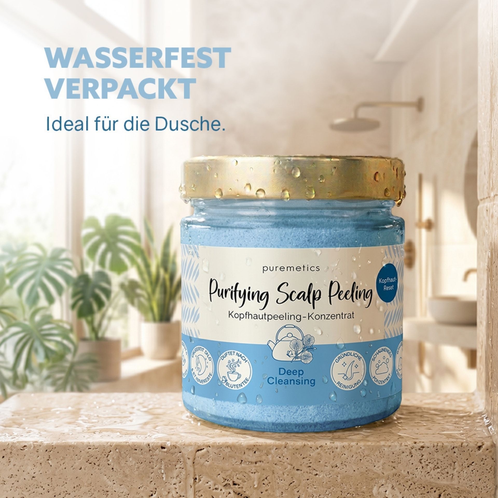 Wasserfest verpacktes Kopfhautpeeling im Glasbehaelter fuer die Anwendung unter der Dusche