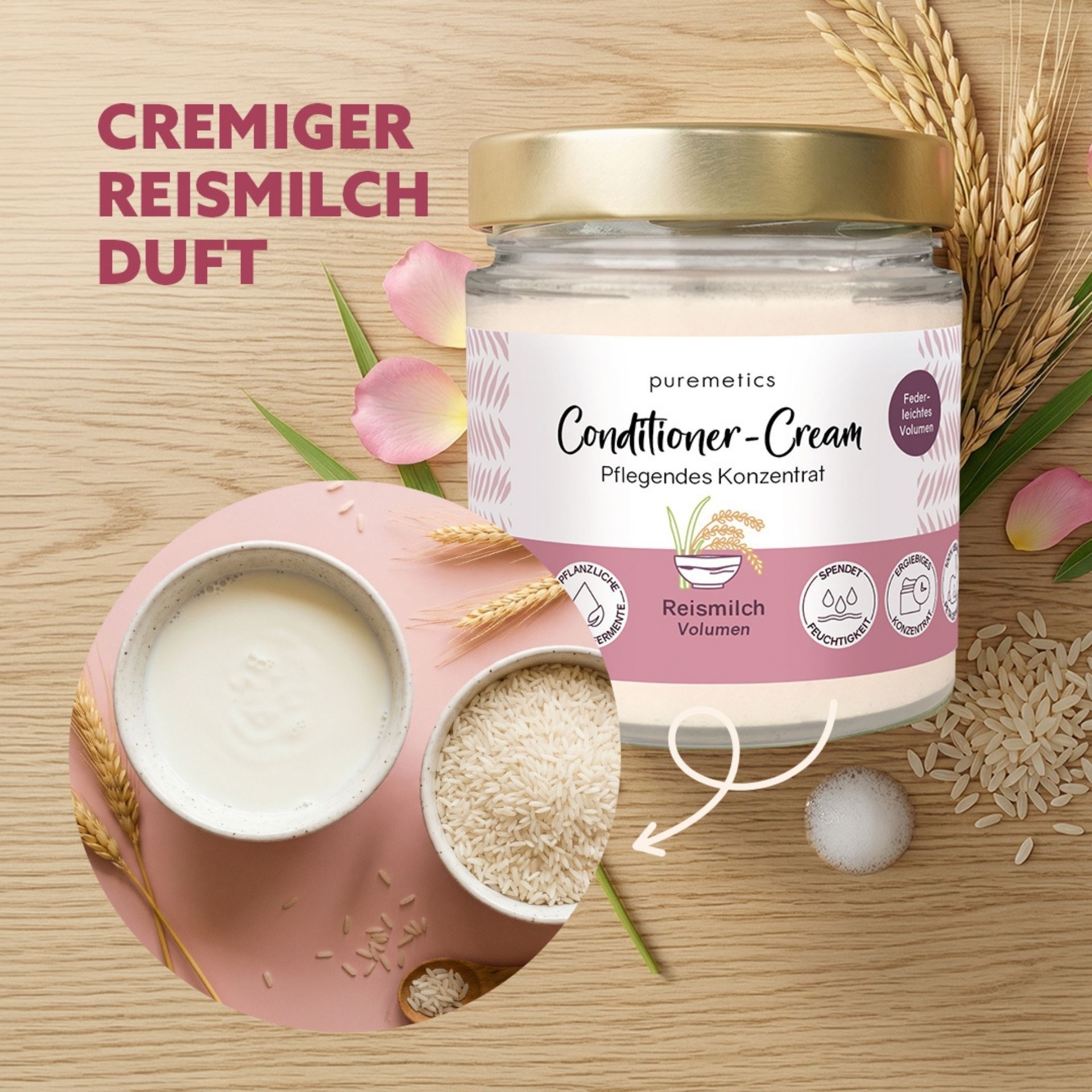 Conditioner-Cream Reismilch Volumen mit cremigem Duft und Reisbestandteilen dargestellt