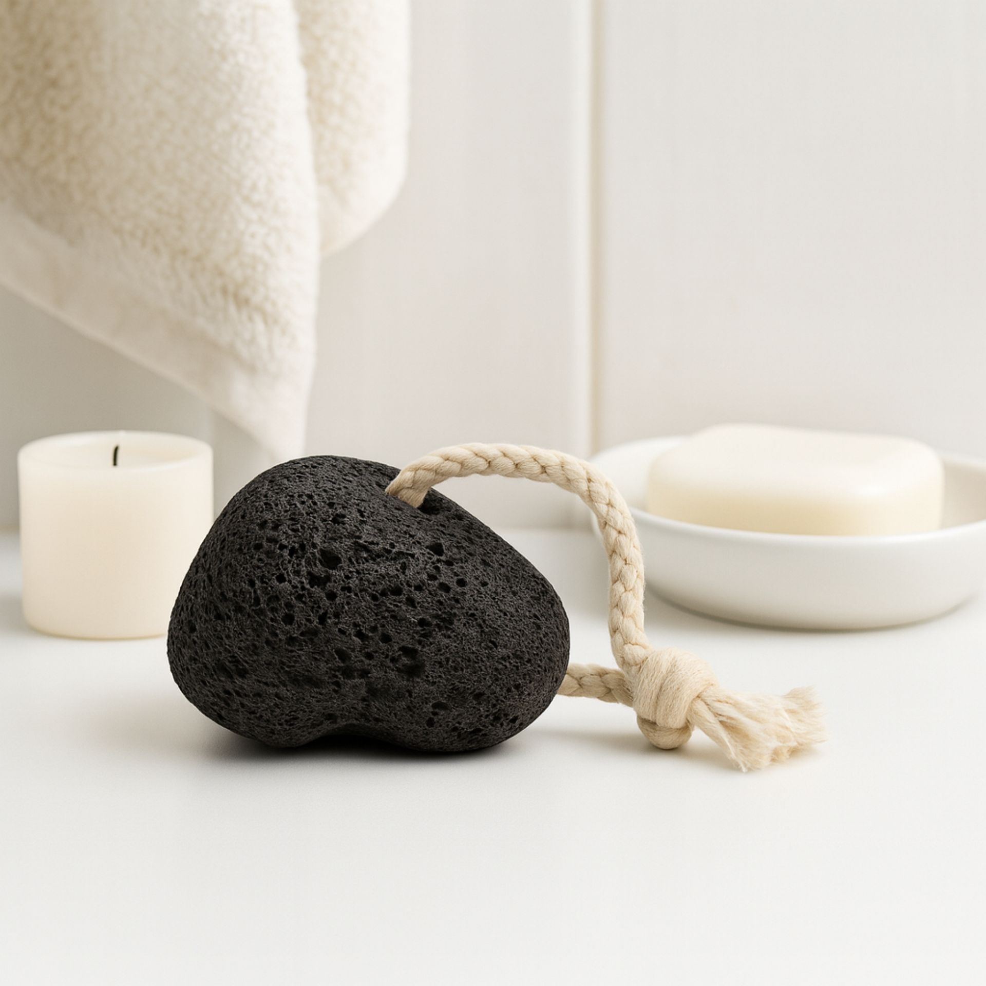 Schwarzer Bimsstein aus Naturlava im Badezimmer-Setting mit Seife und Kerze