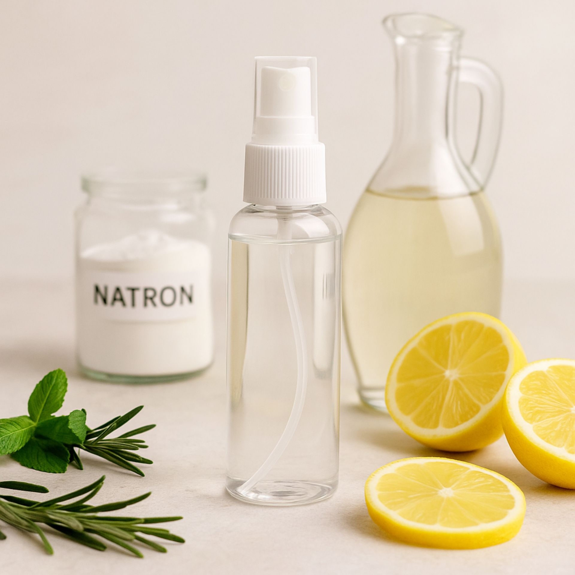 Transparente 100ml PET-Sprayflasche mit weissem Spruehkopf_ umgeben von Zitronen_ Natron und Essig fuer DIY-Anwendungen