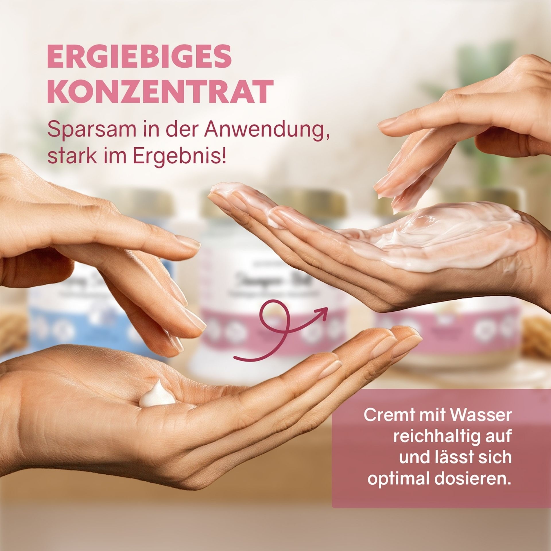 Haende mit cremiger Conditioner-Cream zur sparsamen Anwendung und einfachen Dosierung