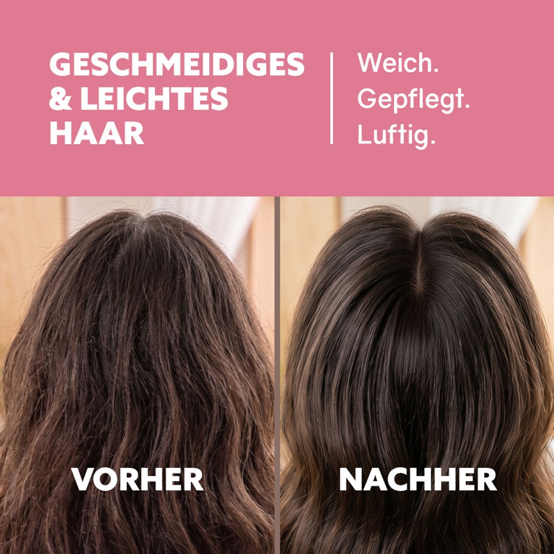 Vorher-Nachher Vergleich von Haaren nach Anwendung der Reismilch Conditioner-Cream