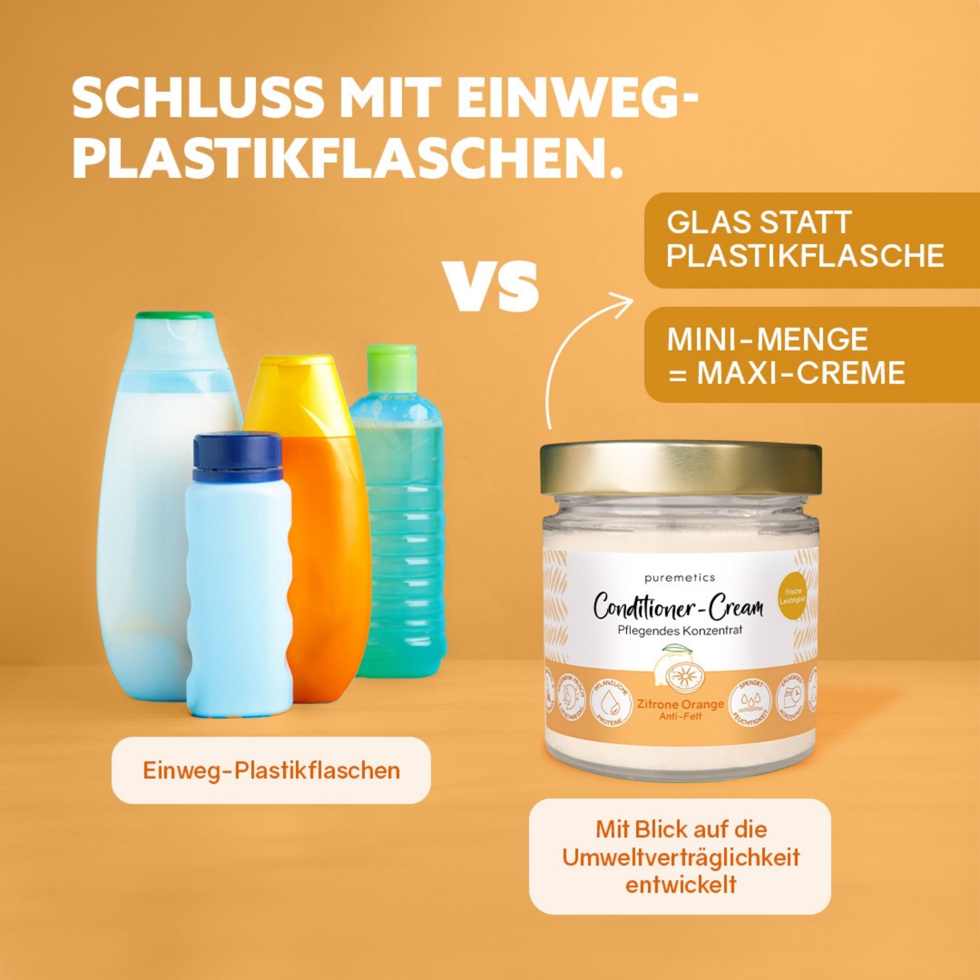 Vergleich zwischen Einweg-Plastikflaschen und nachhaltiger Conditioner-Cream im Glas