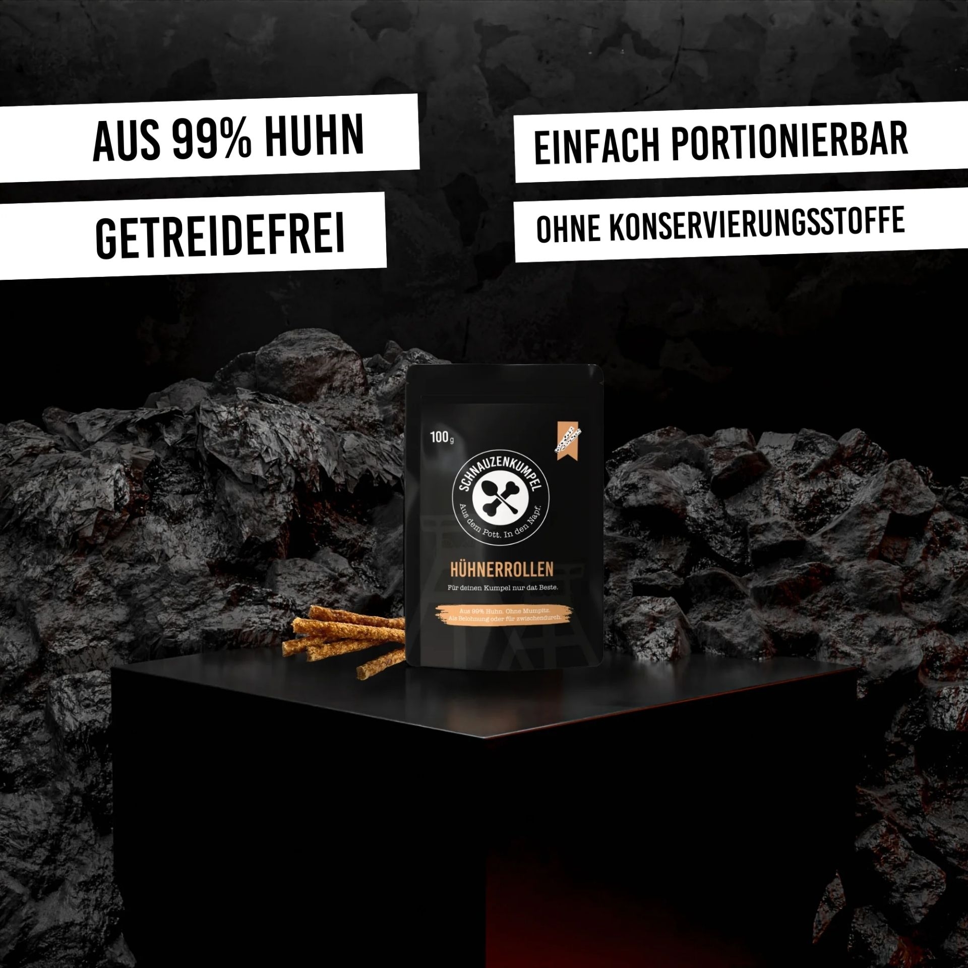 Schnauzenkumpel Huehnerrollen 100 g mit Produktvorteilen 99 % Huhn_ getreidefrei und einfach portionierbar
