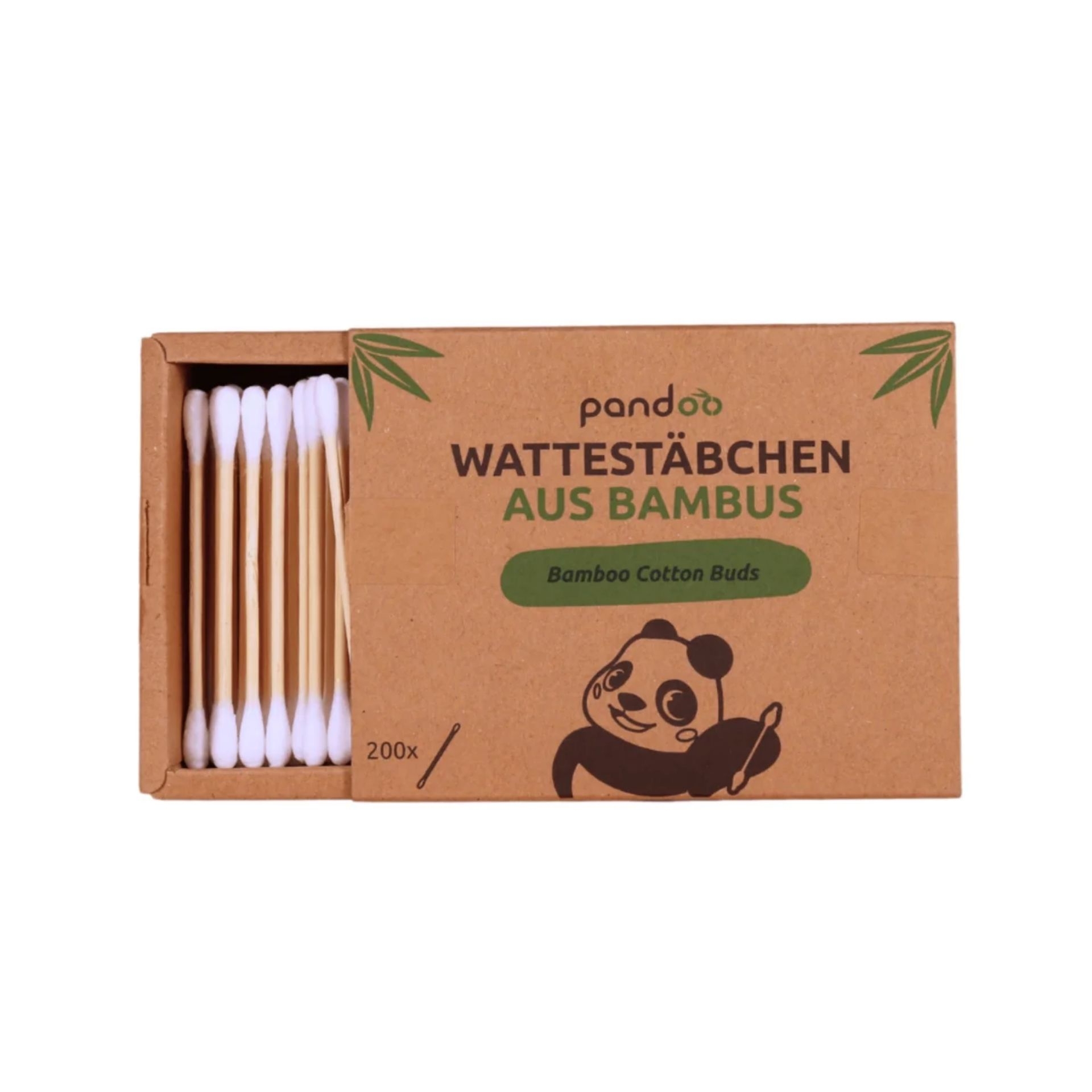 pandoo Bambus Wattestaebchen 200 Stueck in geoeffneter Kartonverpackung mit weissen Baumwollenden