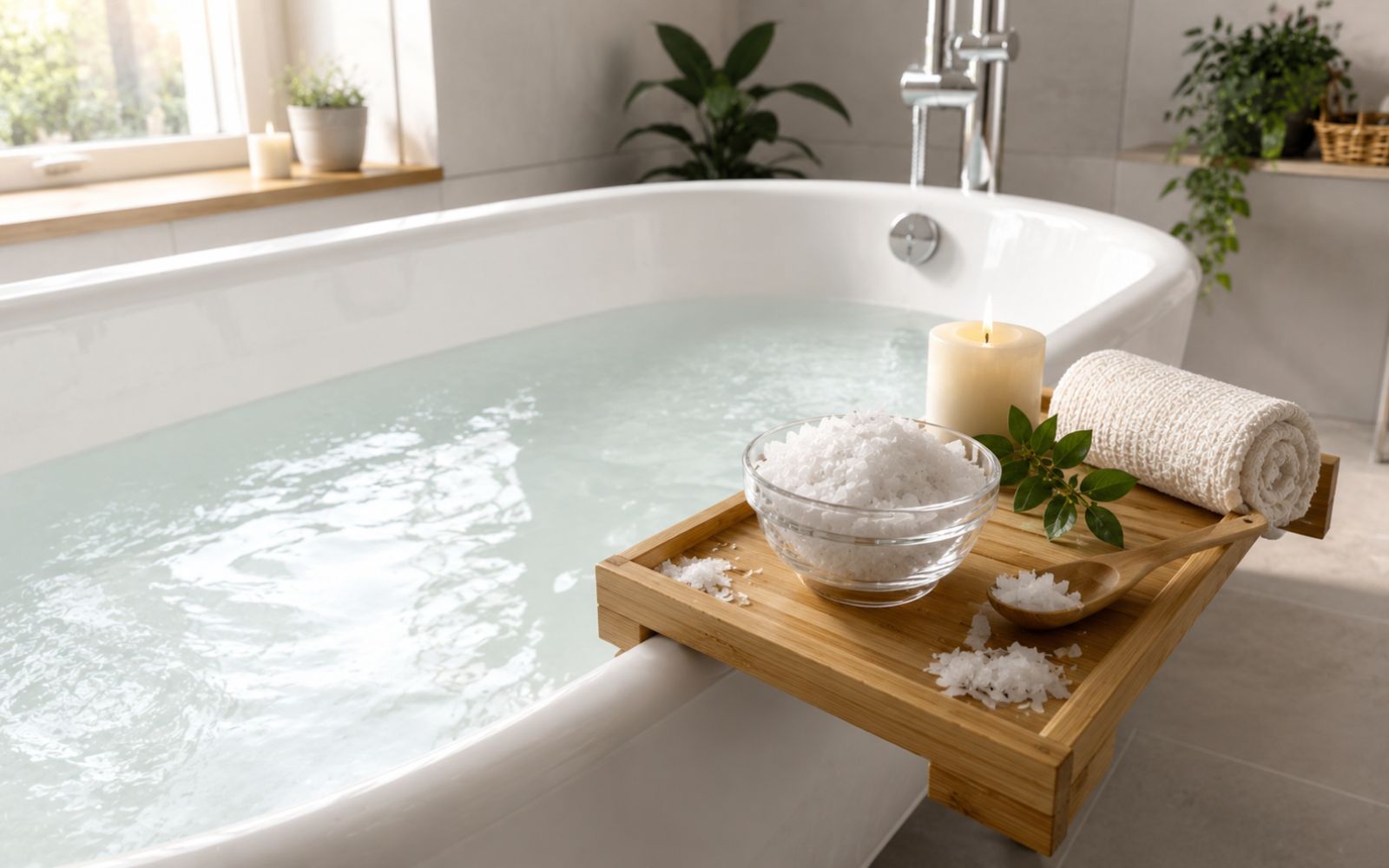 Magnesiumbad mit Magnesiumchlorid in einer hellen Badewanne mit Magnesium Flakes