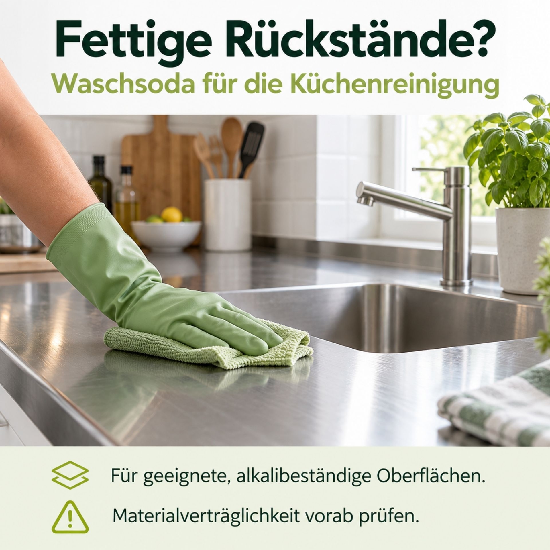 Waschsoda zur Kuechenreinigung mit Tuch auf einer Edelstahloberflaeche neben Spuele