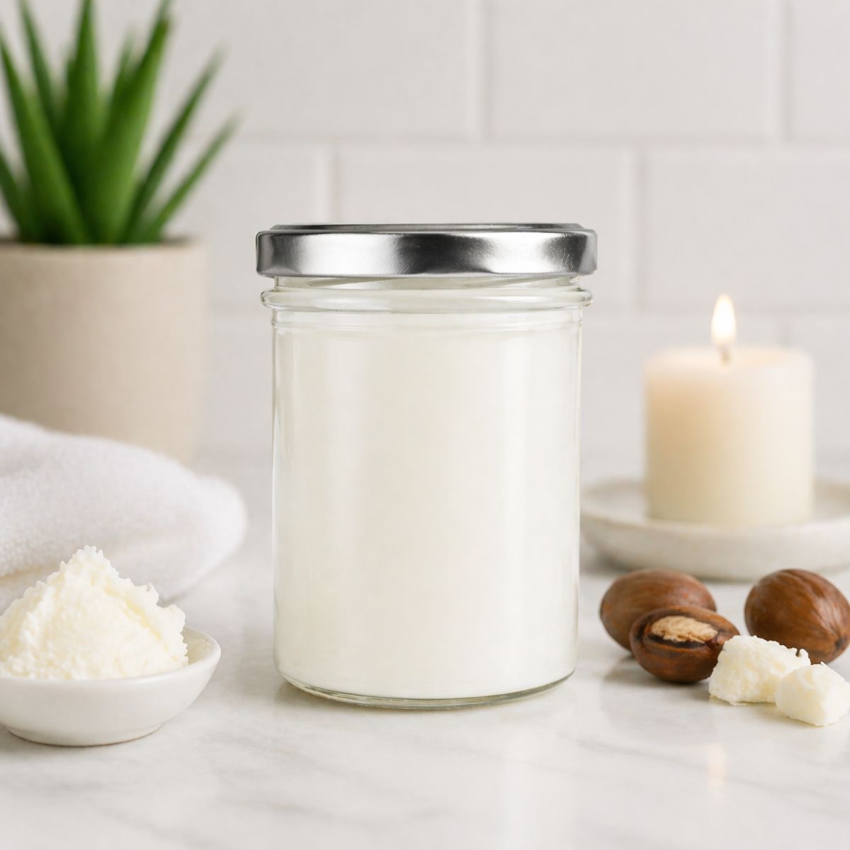 Glas mit 350ml reiner Bio Sheabutter dekoriert mit Nuessen und Minze