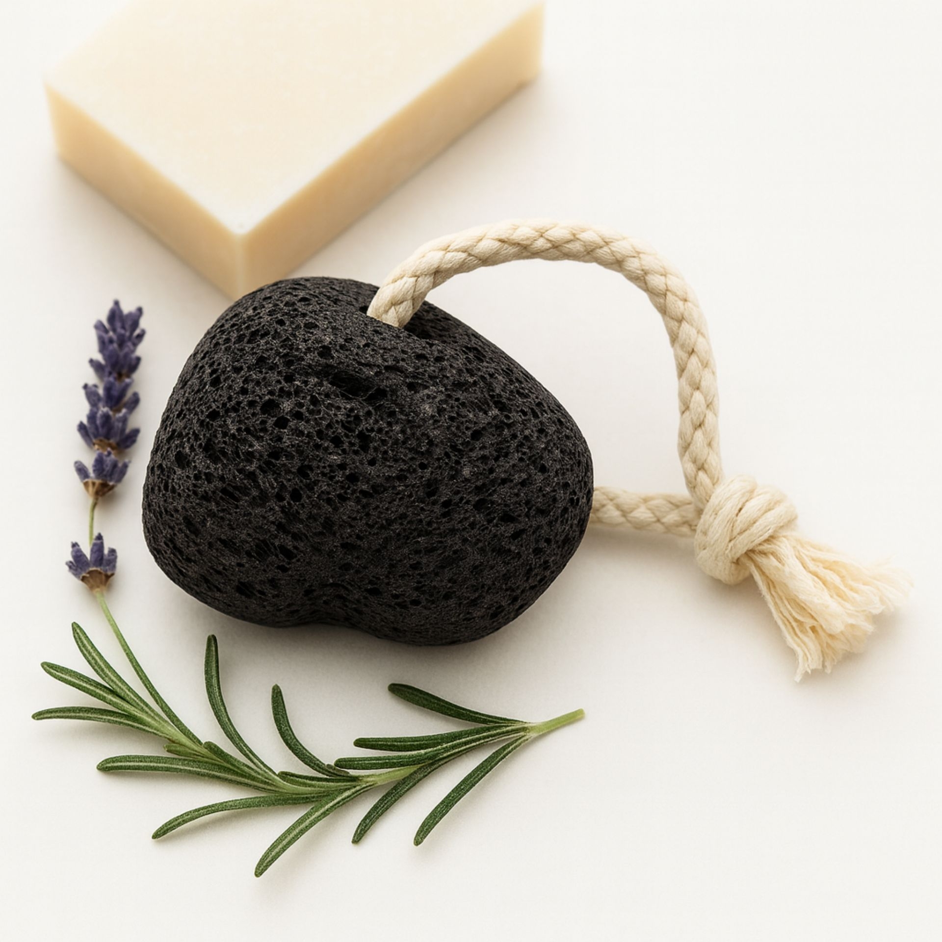 Schwarzer Bimsstein aus Naturlava mit Baumwollband_ dekoriert mit Lavendel_ Rosmarin und Seife