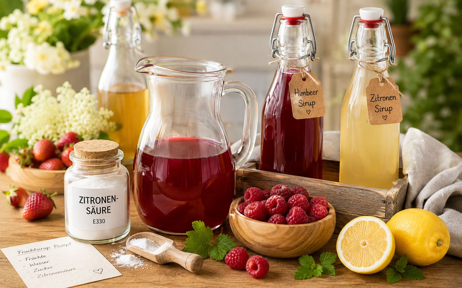 Selbstgemachter Fruchtsirup mit Zitronensäure, Früchten und Glasflaschen