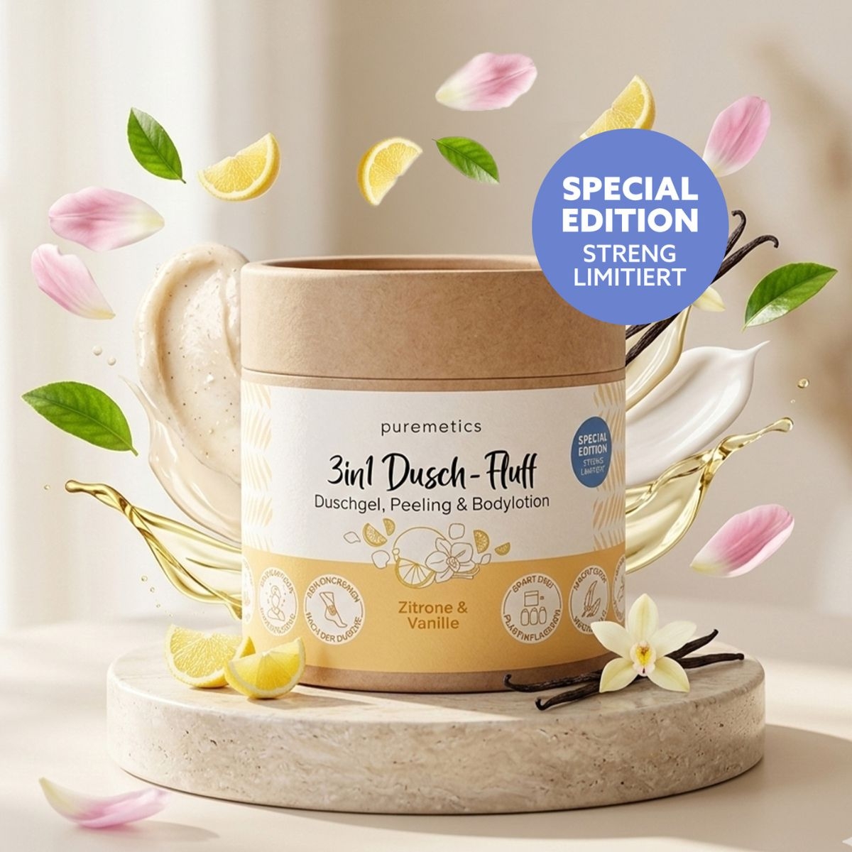 3in1 Dusch-Fluff Zitrone und Vanille im Tiegel mit Zitronen_ Blueten und Special Edition Hinweis