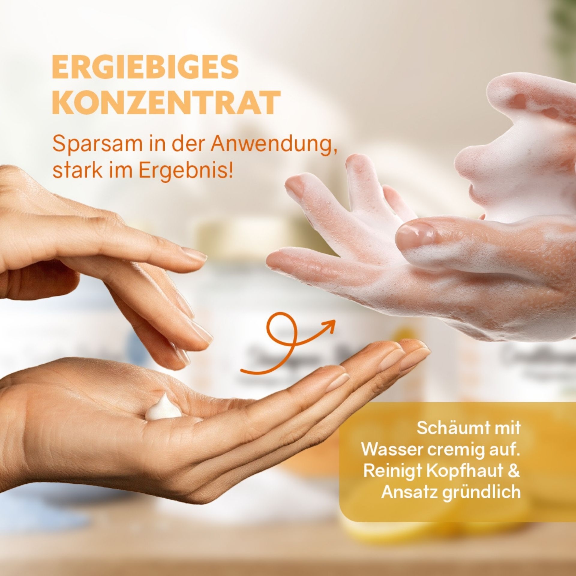 Shampoo-Fluff Konzentrat schaeumt cremig auf und reinigt Kopfhaut und Haaransatz gruendlich