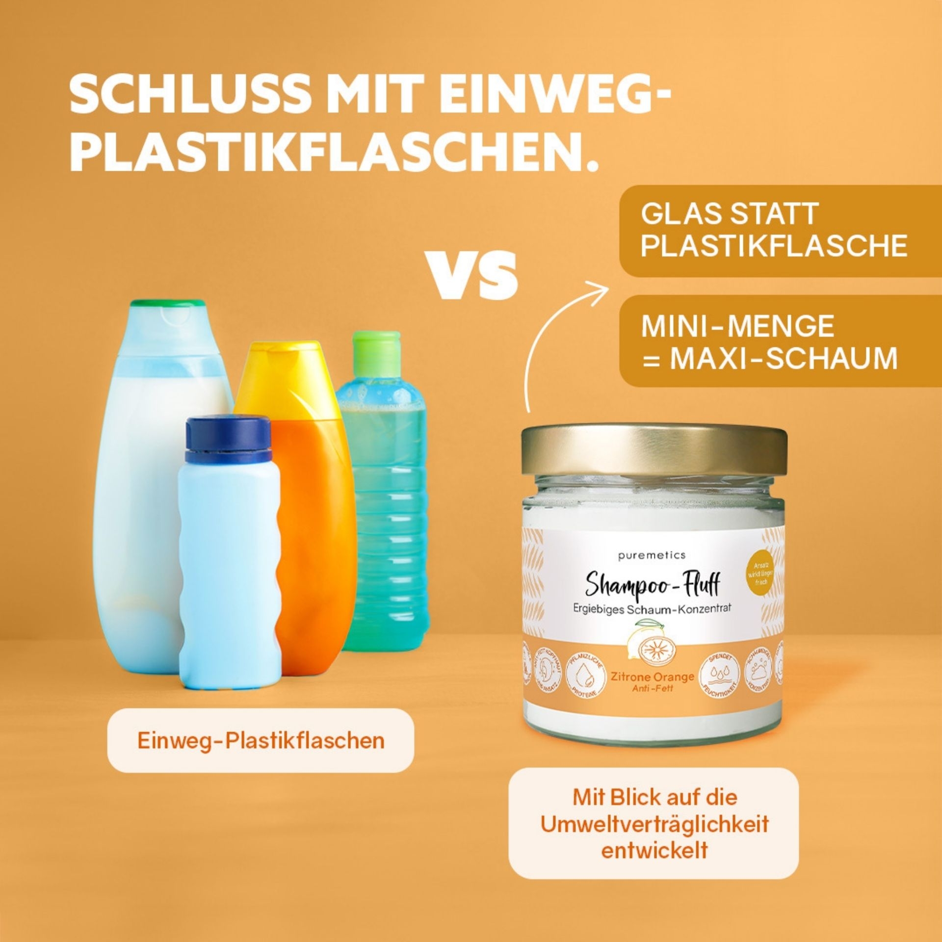 Vergleich zwischen Einweg-Plastikflaschen und Shampoo-Fluff im umweltfreundlichen Glas