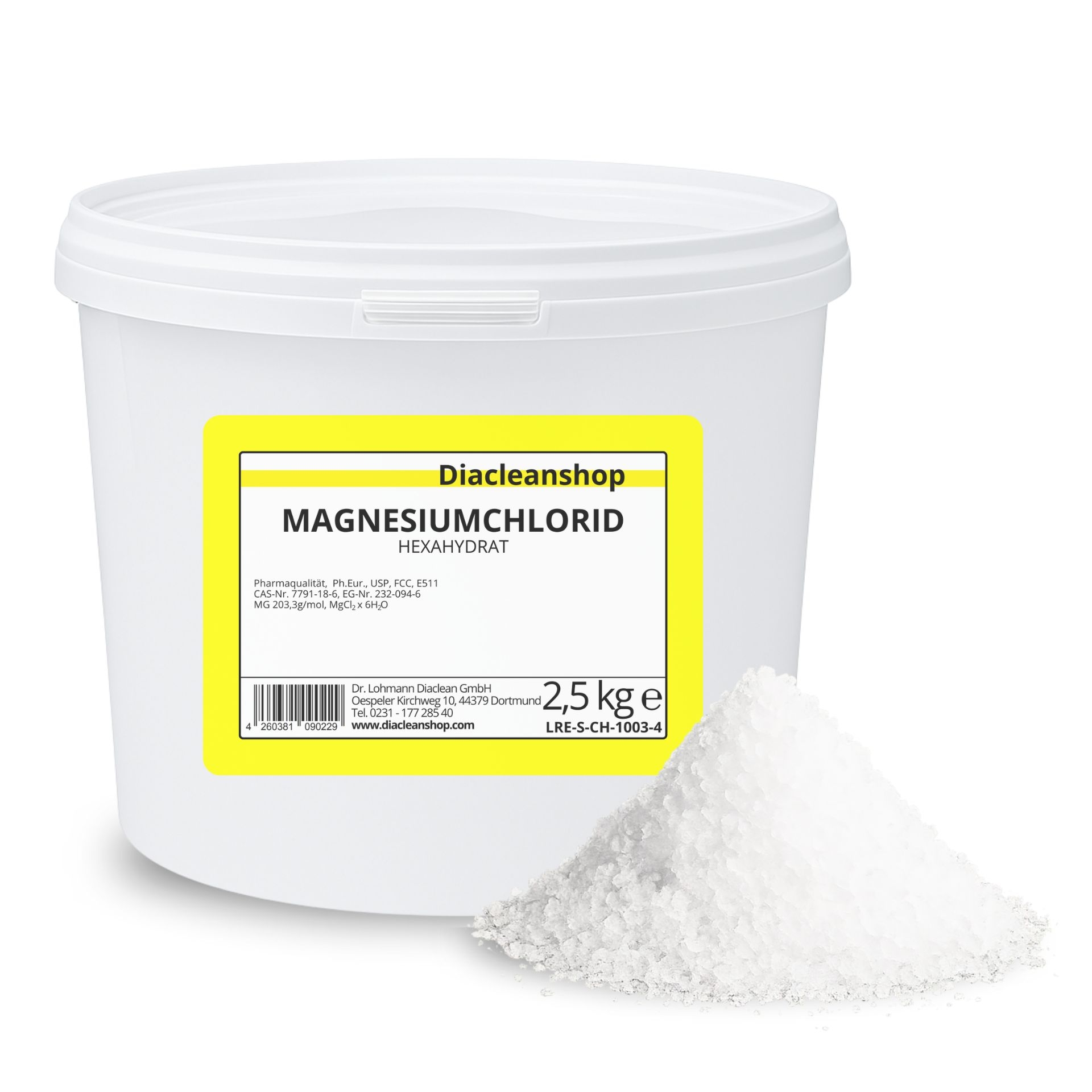 Eimer mit 2_5kg Magnesiumchlorid Hexahydrat von Diacleanshop mit gelbem Etikett