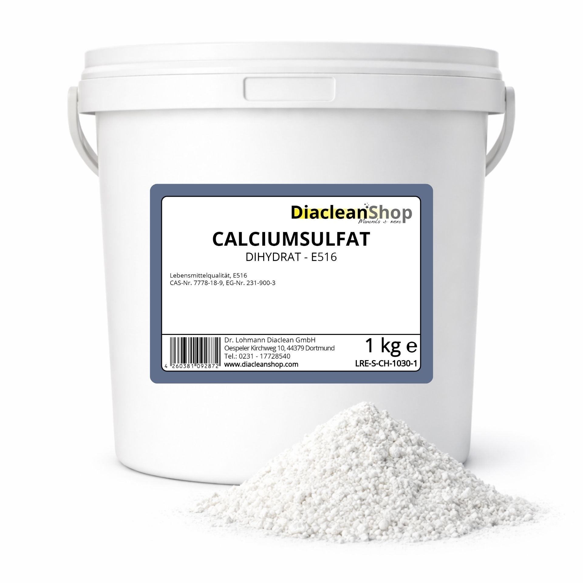 Weisser Kunststoffeimer mit blauem Etikett und der Aufschrift Calciumsulfat 1kg von Diacleanshop