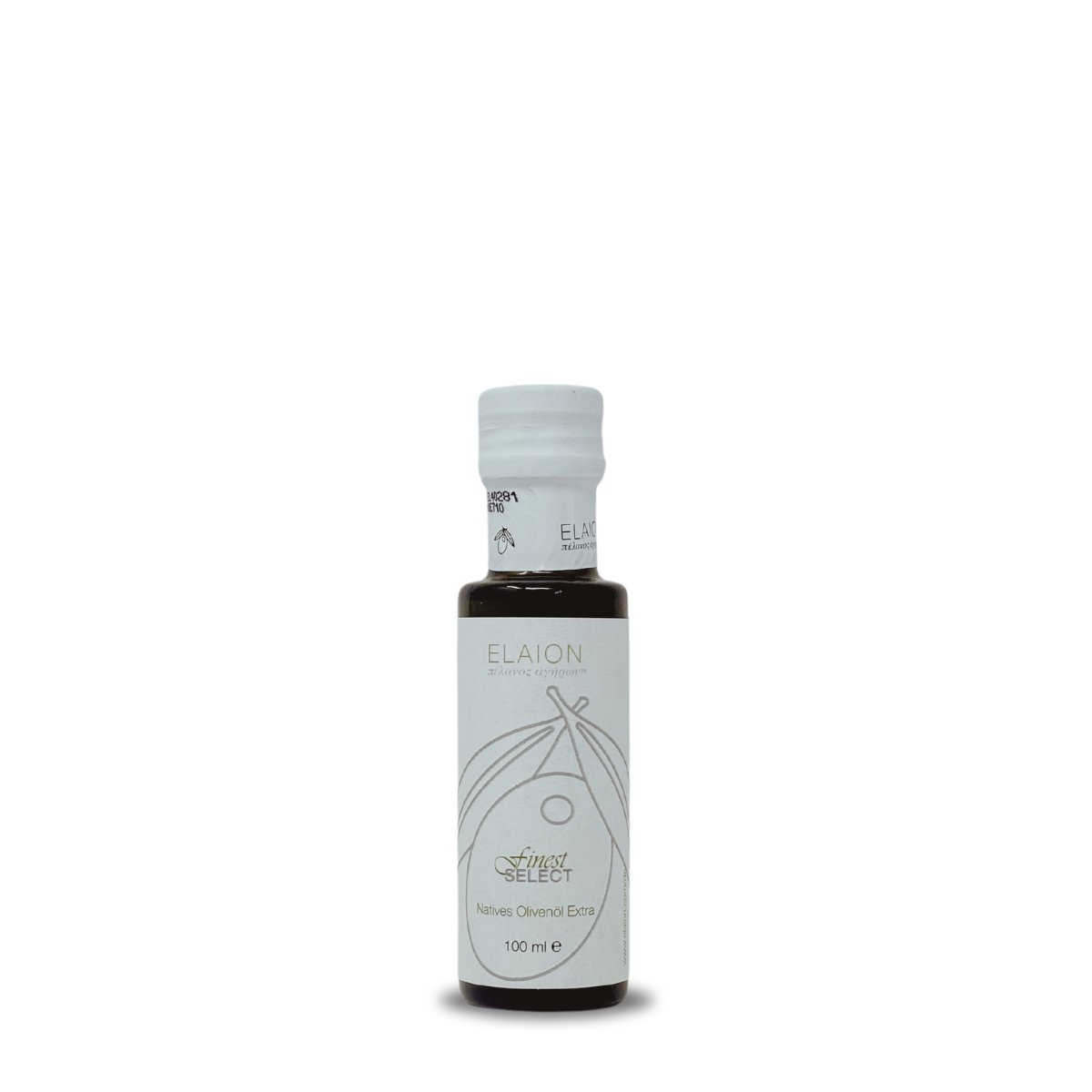 Griechisches Olivenoel Elaion Finest Select 100 ml in kleiner dunkler Glasflasche mit weissem Etikett