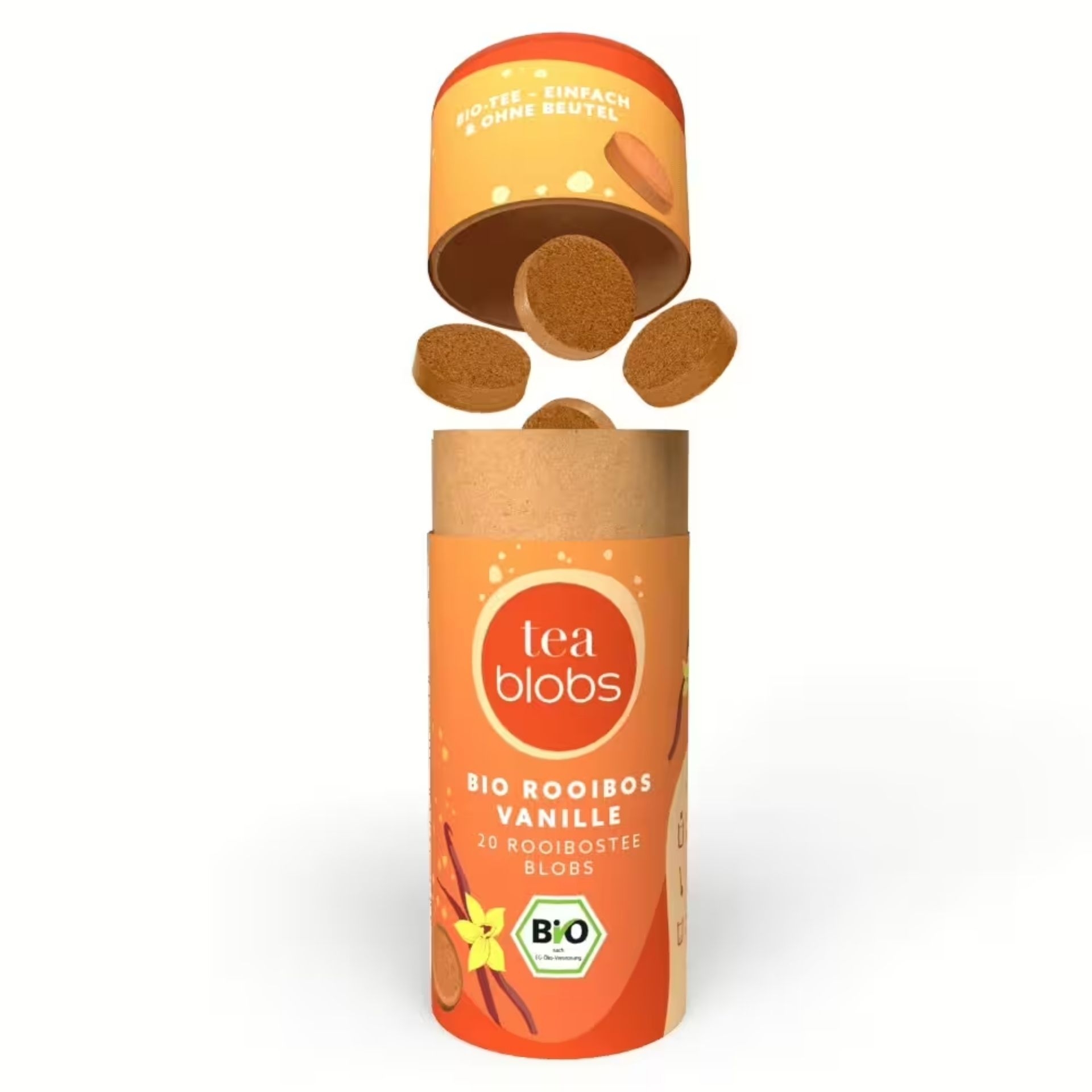 TeaBlobs BIO Rooibos Vanille Dose mit geoeffnetem Deckel und mehreren runden Rooibostee-Blobs