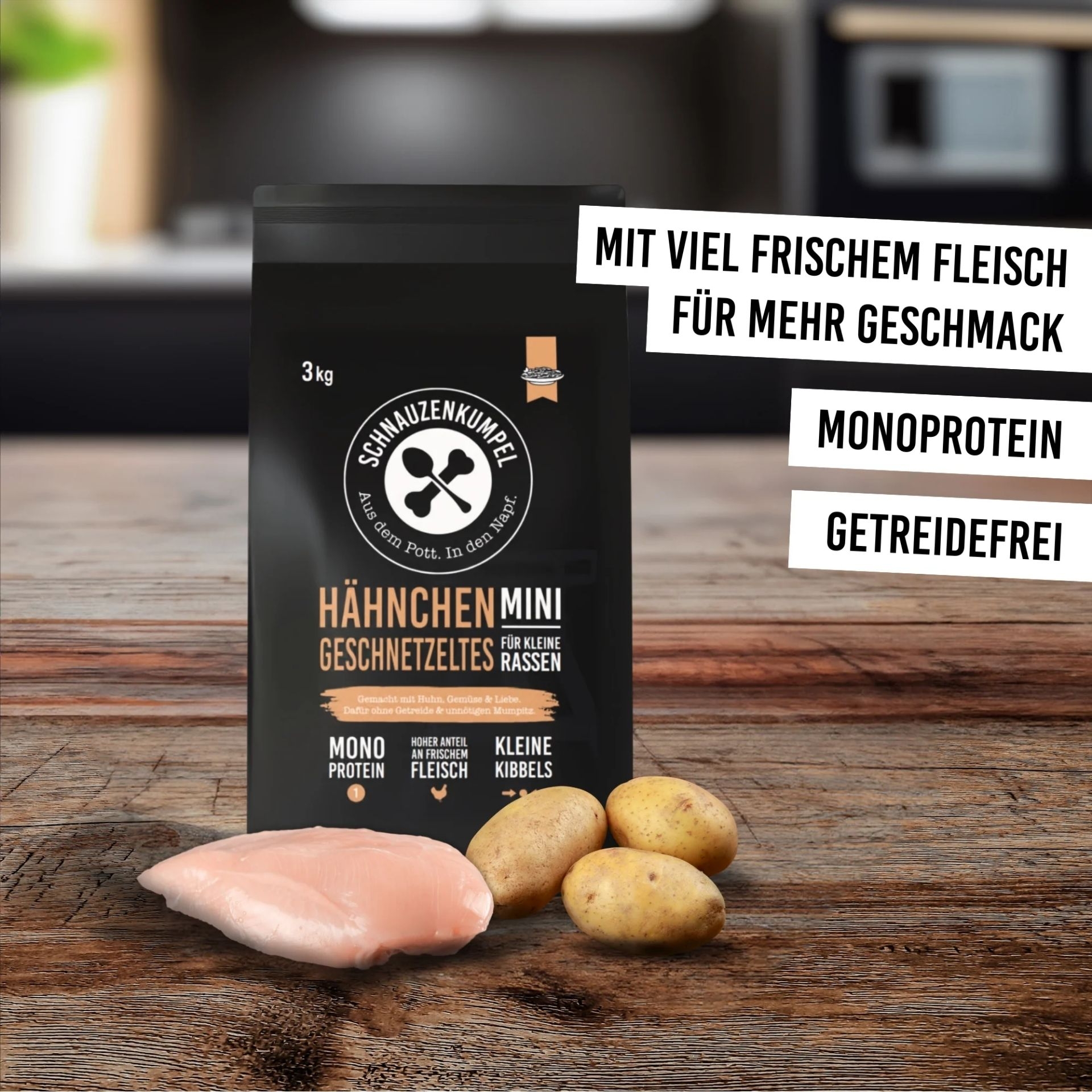 Schnauzenkumpel Haehnchengeschnetzeltes Mini mit Haehnchen und Kartoffeln sowie Hinweisen zur Rezeptur