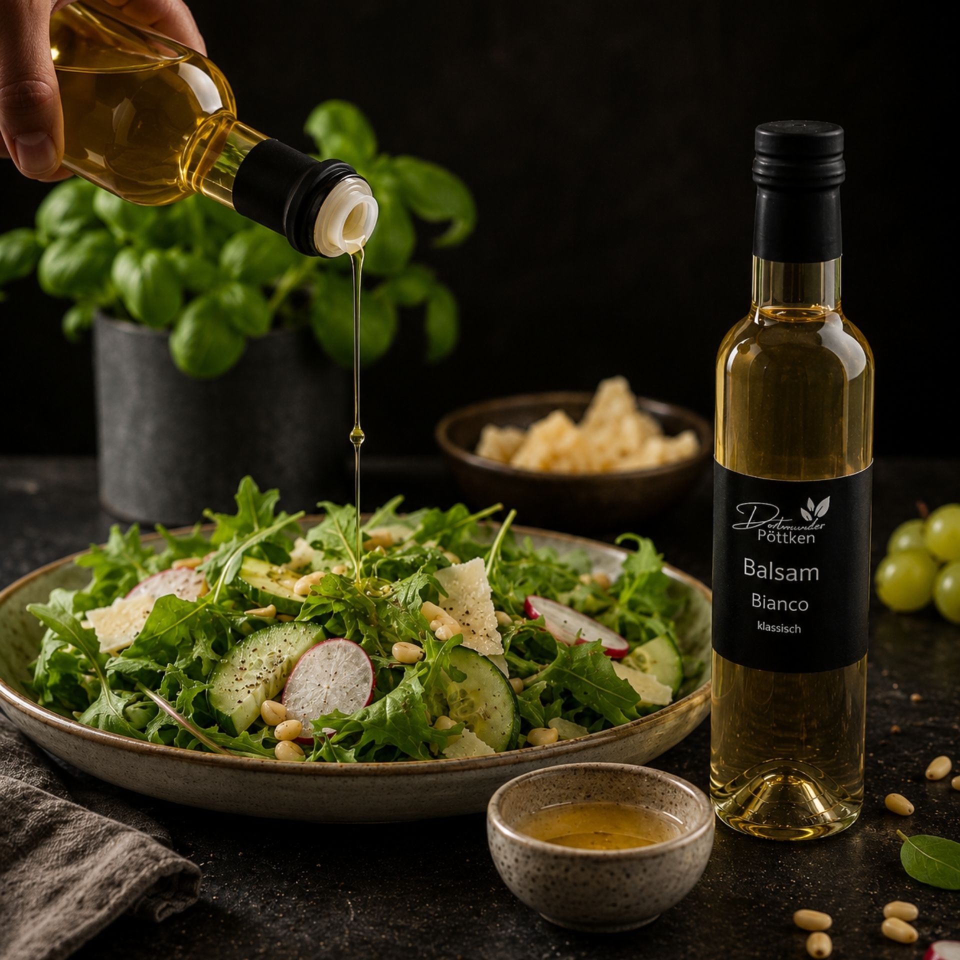 Balsam Bianco wird ueber frischen Salat mit Rucola_ Gurke und Parmesan gegeben