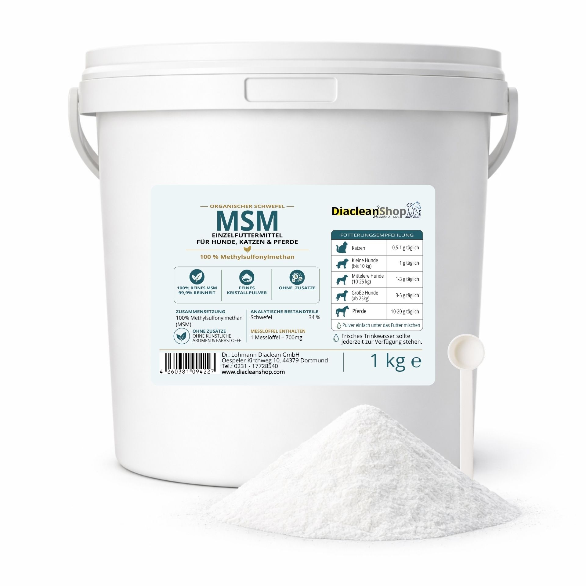 MSM Pulver 1 kg Einzelfuttermittel im weissen Eimer mit Messloeffel und feinem Pulver vor weissem Hintergrund