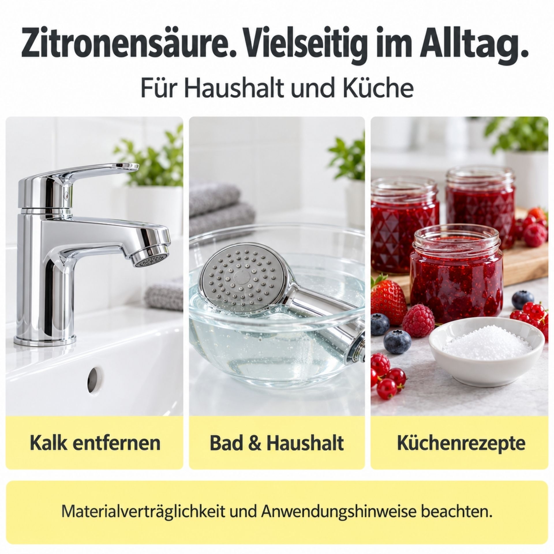 Zitronensaeure mit Anwendungen zum Kalkentfernen_ fuer Bad und Haushalt sowie Kuechenrezepte