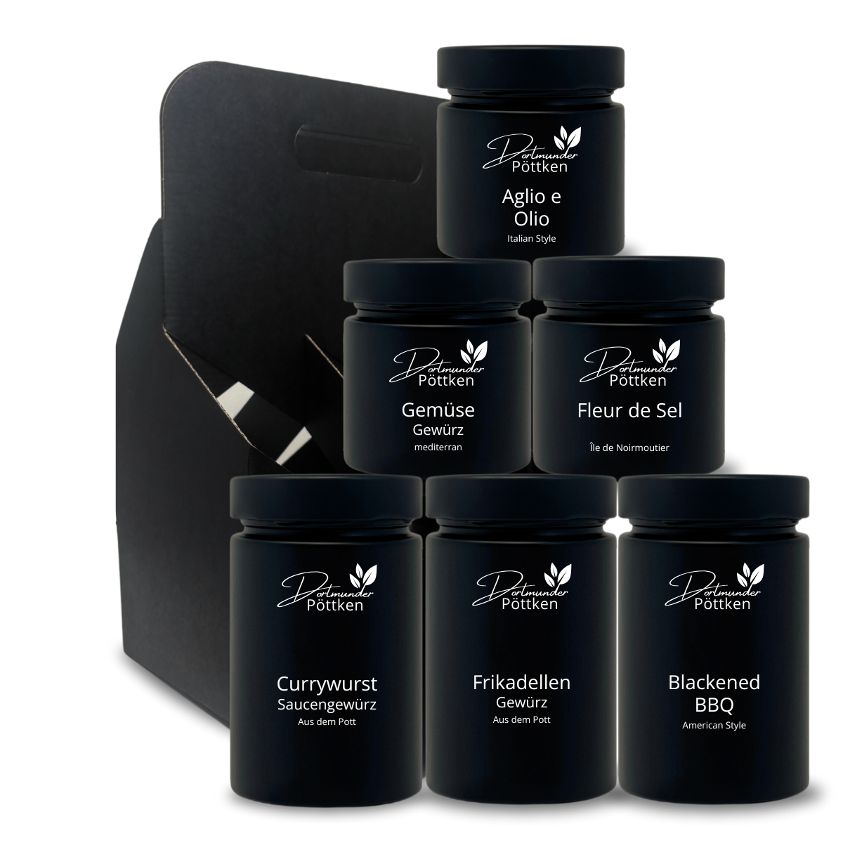 Gewuerzbox mit sechs Gewuerzen in schwarzen Glaesern und Tragekarton