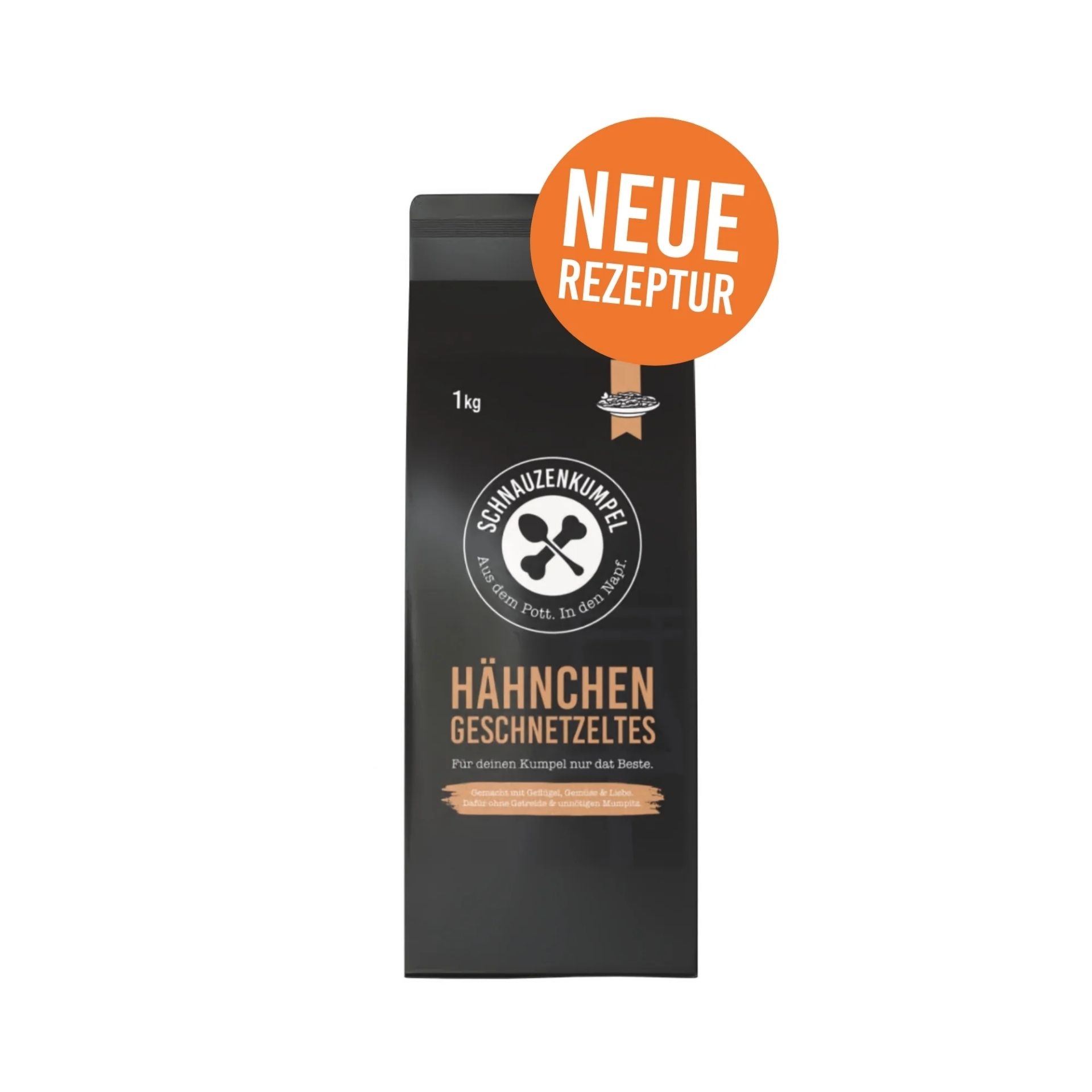 Verpackung des Schnauzenkumpel Haehnchengeschnetzeltes 1 kg Trockenfutters mit Hinweis auf die neue Rezeptur