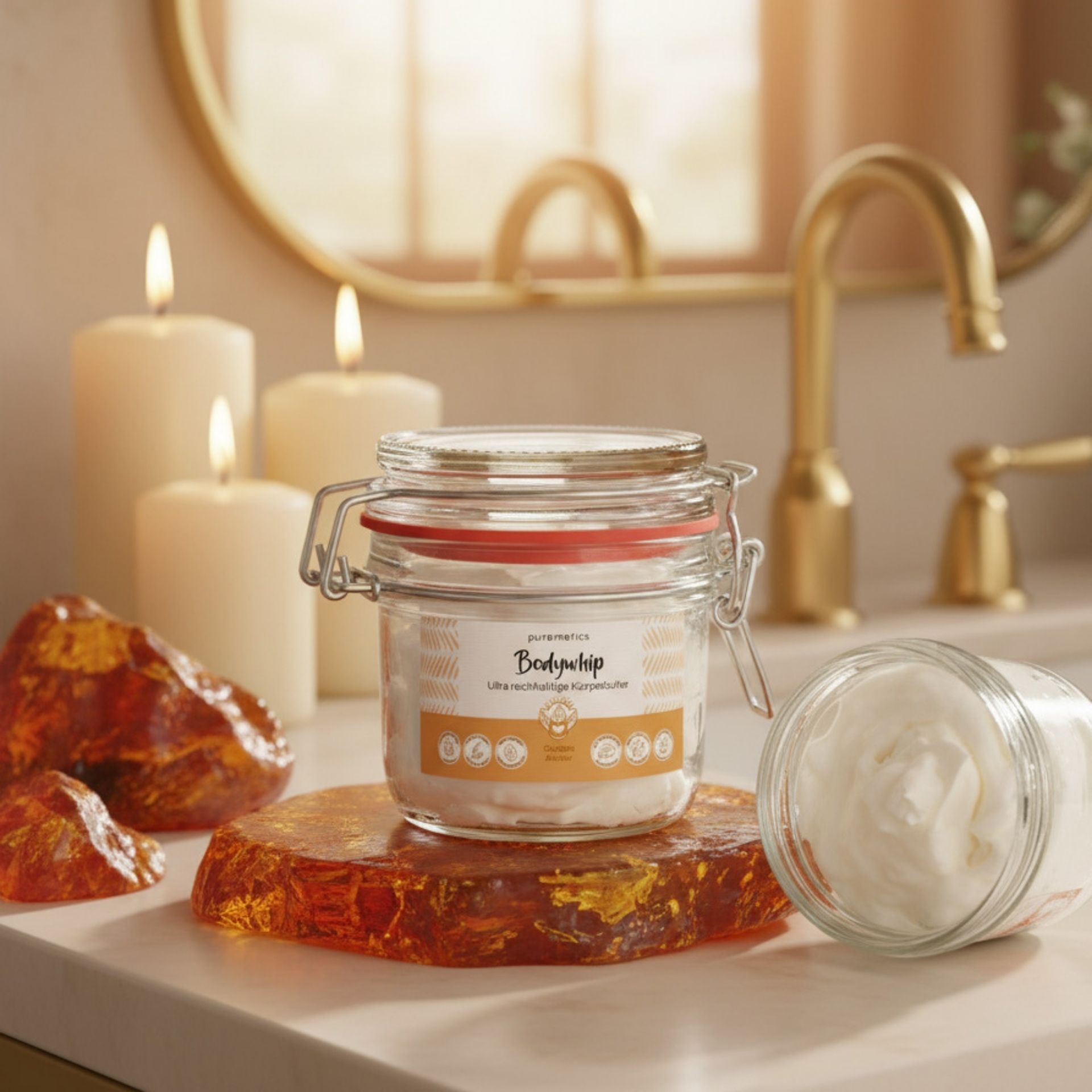 Bodywhip Golden Amber im Spa Ambiente mit Kerzen und geoeffnetem Tiegel