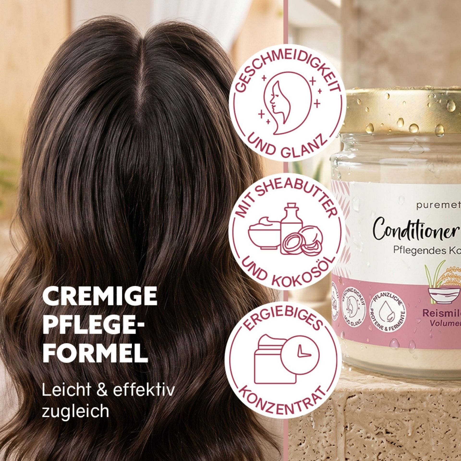 Langes glaenzendes Haar neben Conditioner-Cream mit Hinweisen zu Pflege und Geschmeidigkeit