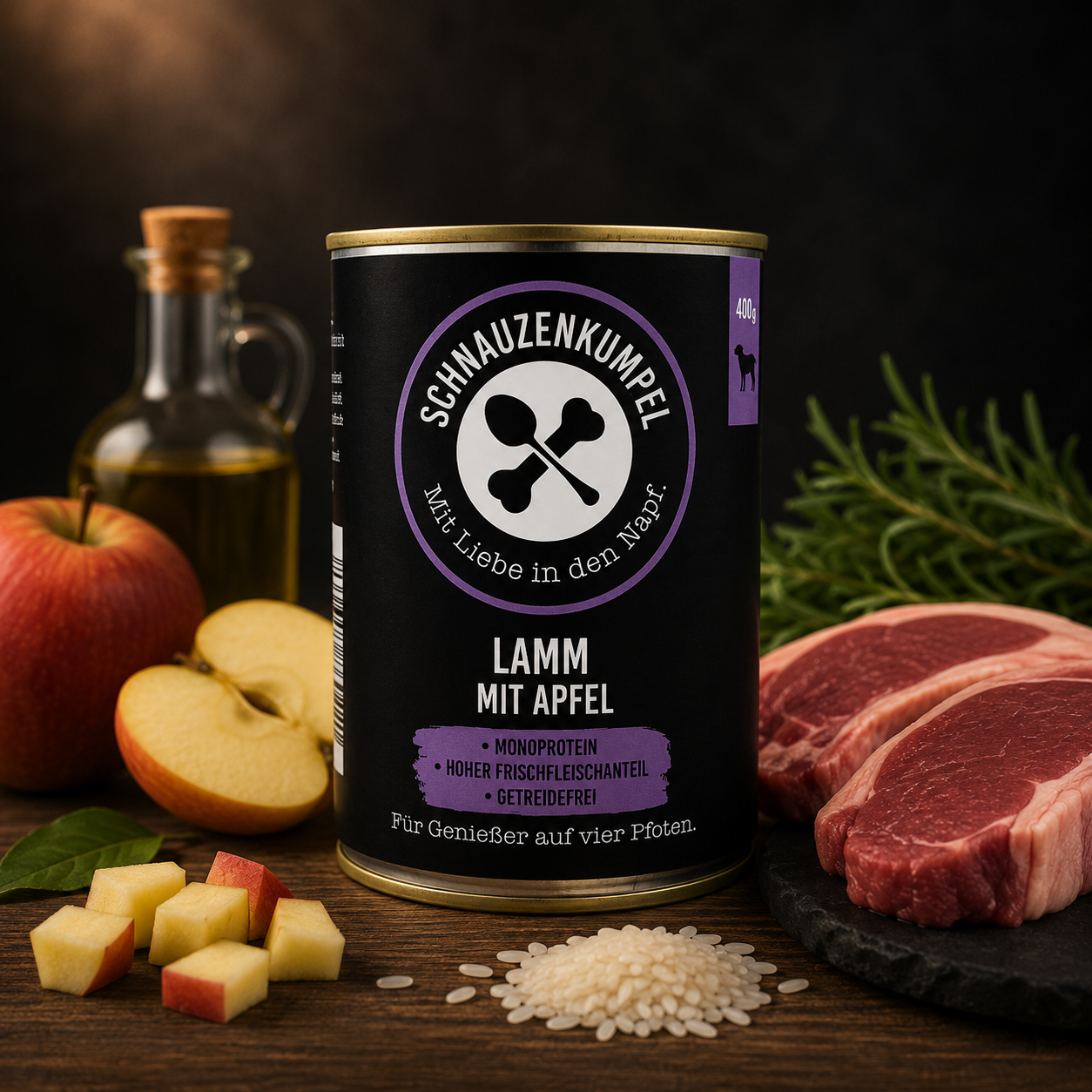 Produktdose Schnauzenkumpel Nassfutter Lamm mit Apfel_ umgeben von Lammfleisch und Apfel