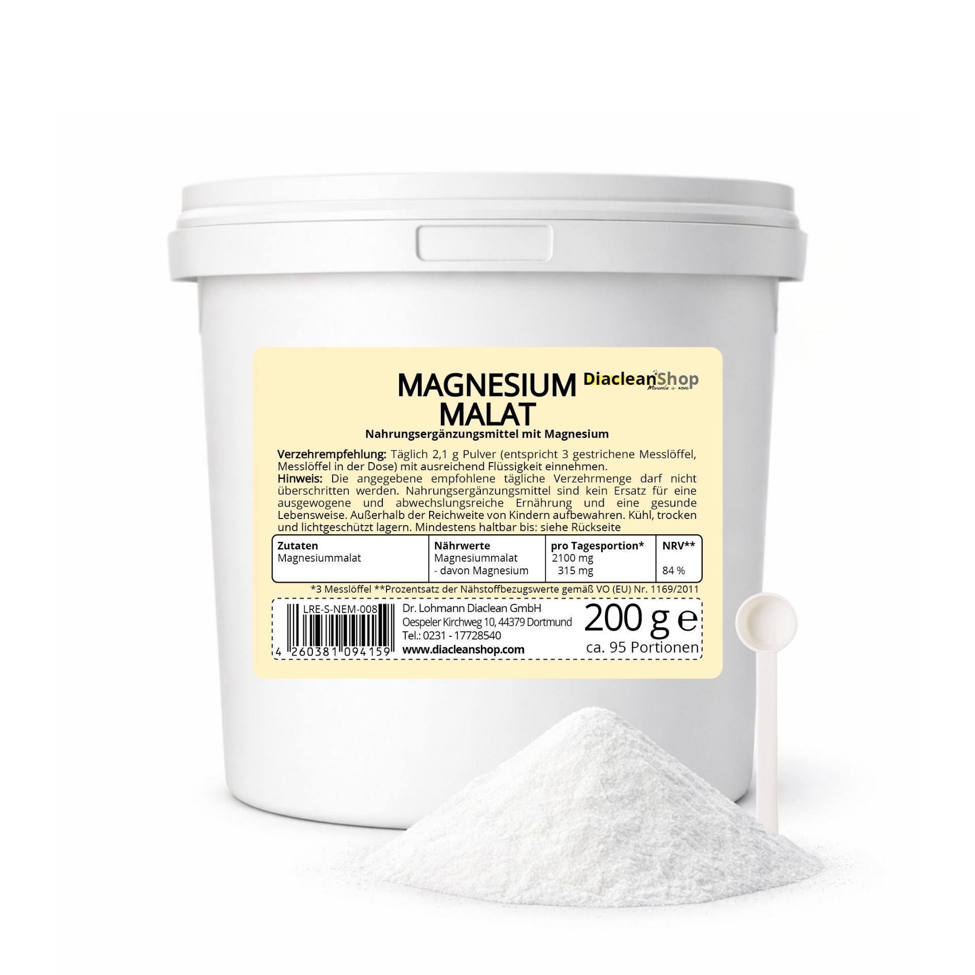 Eimer Magnesiummalat 200g mit Etikett und Messloeffel vor weissem Hintergrund