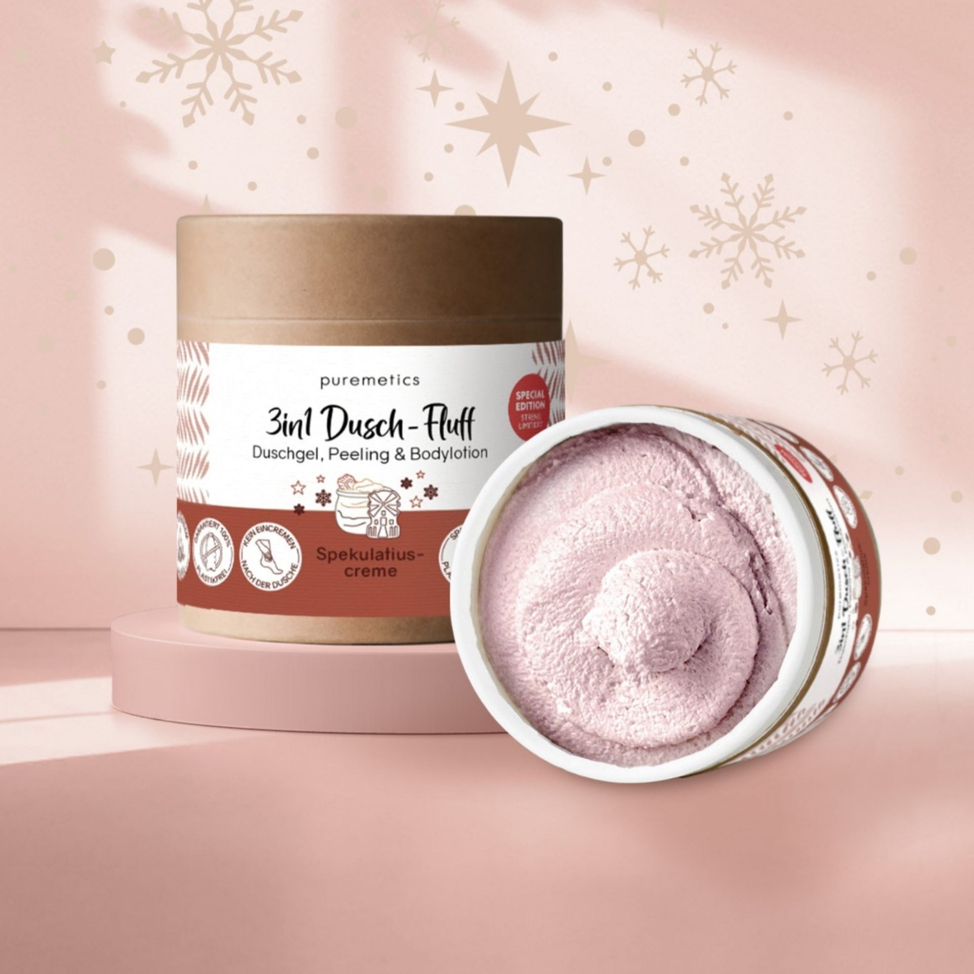 3in1 Dusch-Fluff Spekulatiuscreme geoeffnet_ zeigt die beige-rosa fluffige Textur