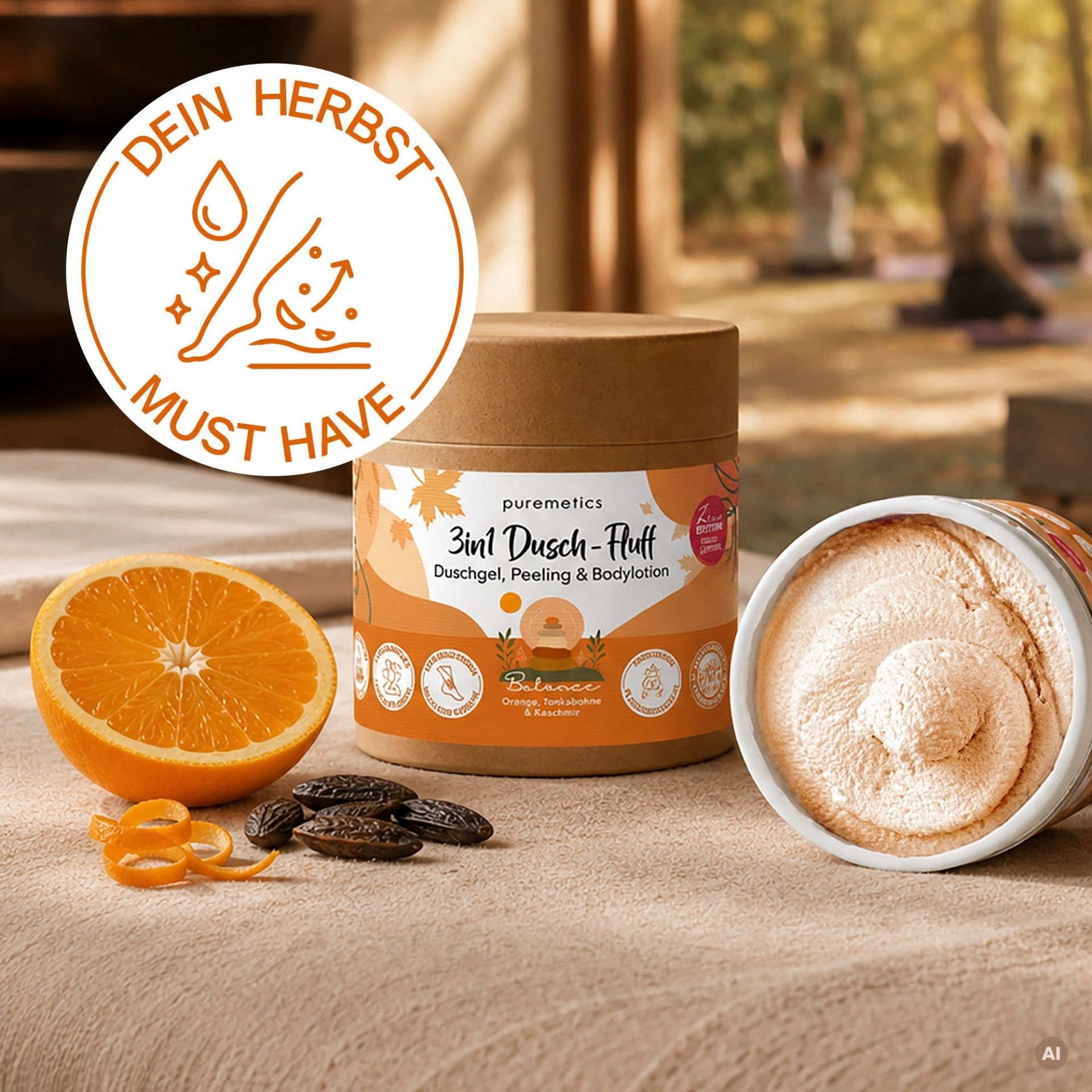3in1 Dusch-Fluff Balance geoeffnet mit sichtbarer Textur neben Orange und Tonkabohnen