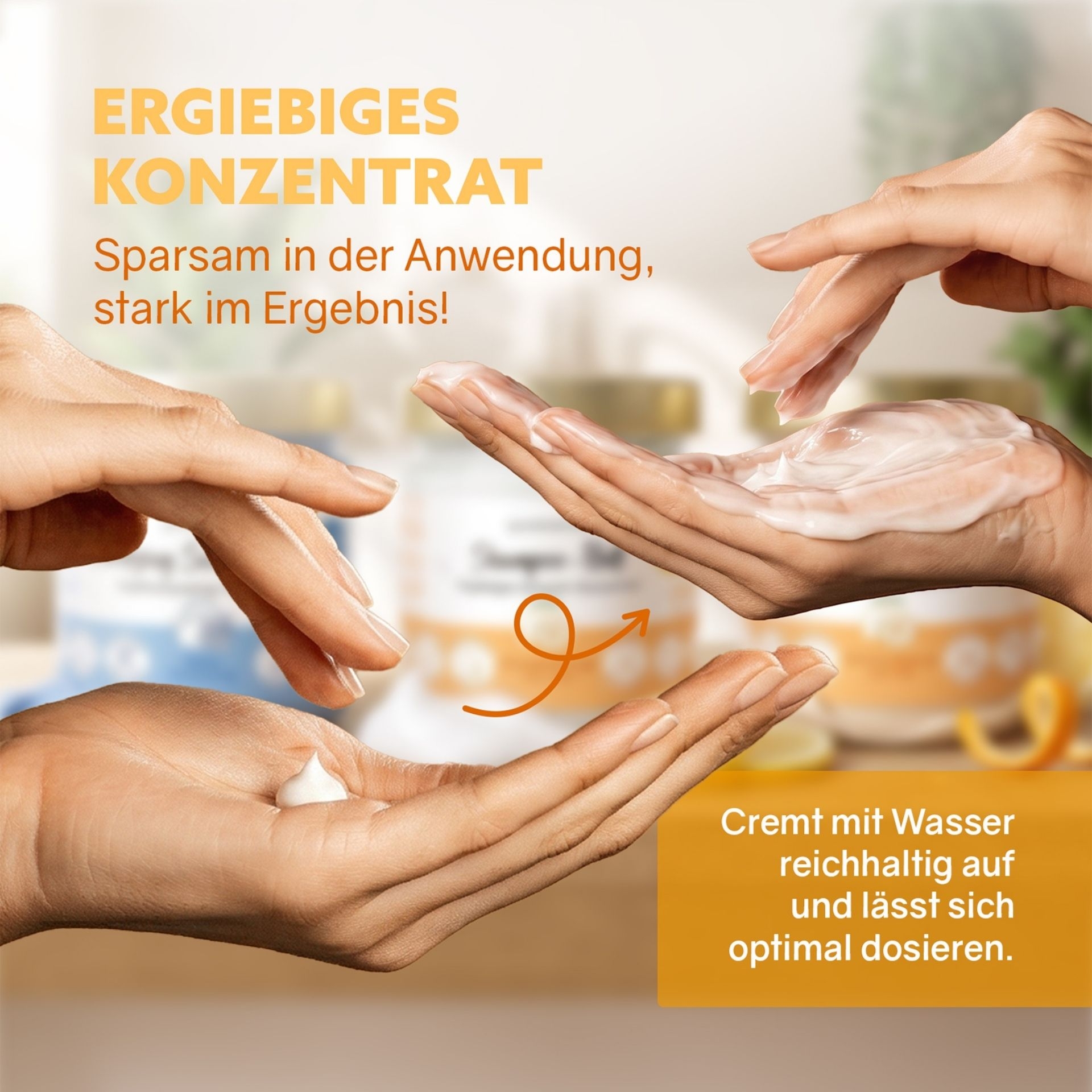 Haende mit Conditioner-Cream zur sparsamen Anwendung und einfachen Dosierung dargestellt