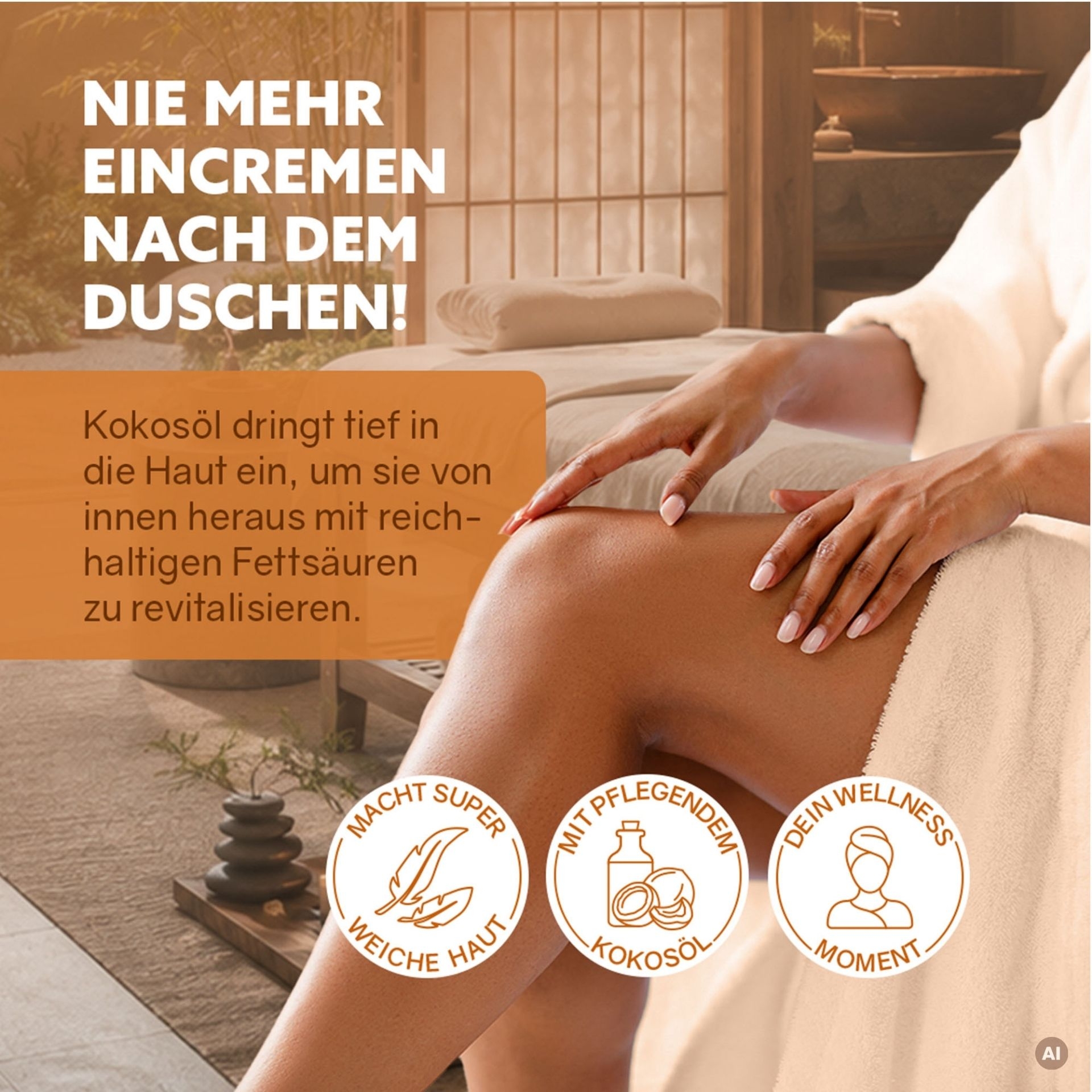3in1 Dusch-Fluff Balance mit Hinweis auf Kokosoel und Hautpflege nach dem Duschen