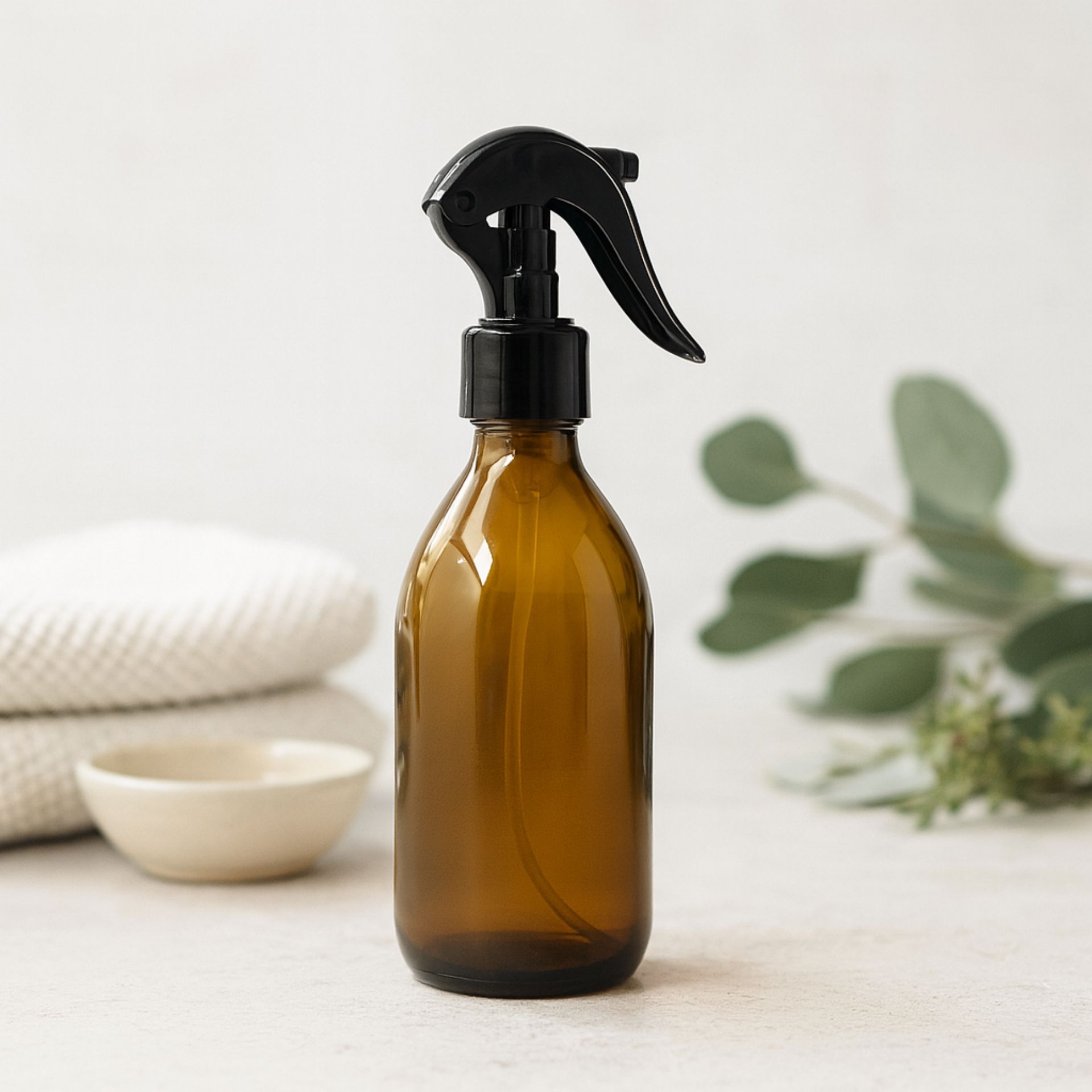 Braune Glasflasche 250ml mit schwarzem Mini-Trigger-Spruehkopf_ dekorativ arrangiert mit Handtuechern und Gruenpflanze
