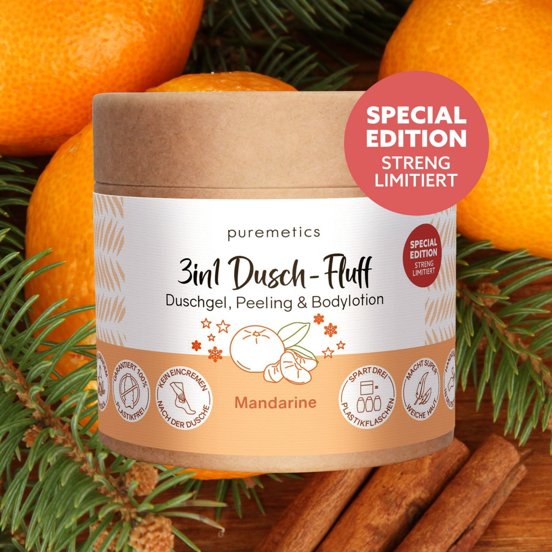 3in1 Dusch-Fluff Mandarine Special Edition von puremetics mit Mandarinen und Zimt