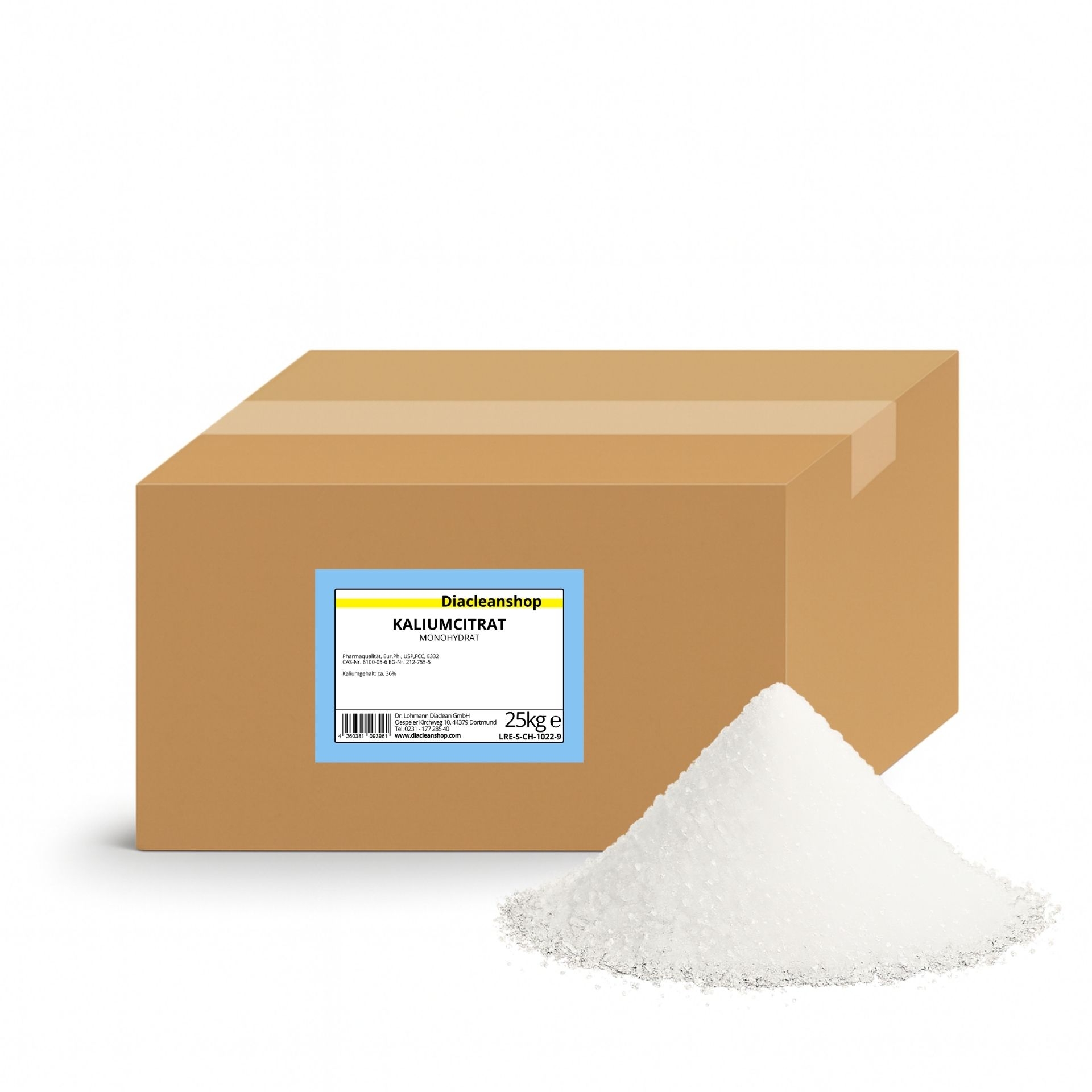 Brauner Karton mit Etikett „Kaliumcitrat 25 kg“ vom Diacleanshop_ daneben ein weisser kristalliner Pulverhaufen auf weissem Hintergrund