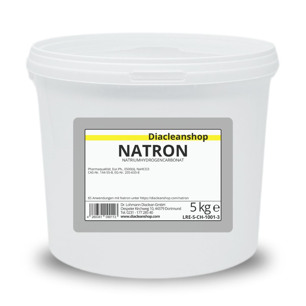Natron im 5kg Eimer mit Etikett frontal fotografiert
