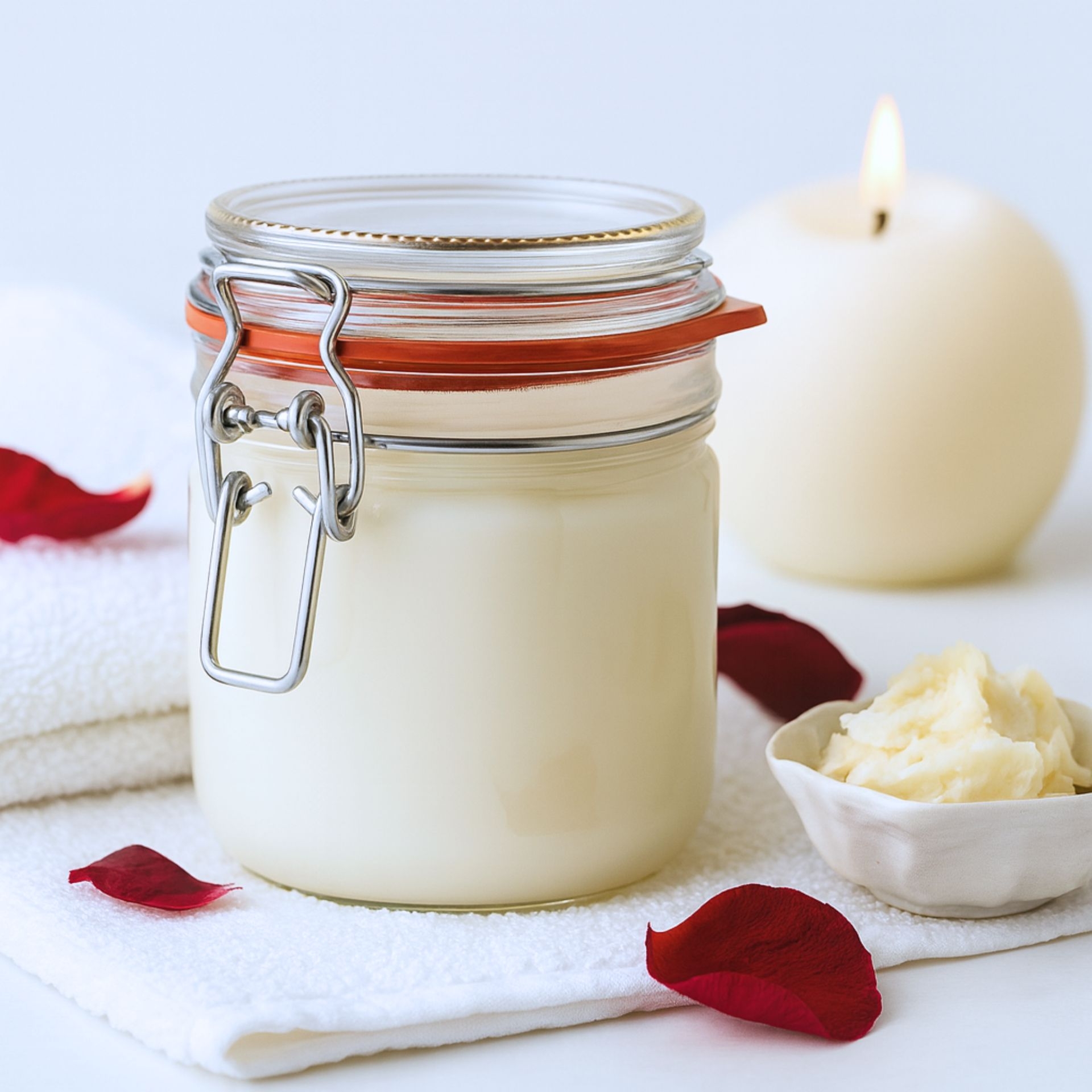 Glas mit 350ml reiner Bio Sheabutter auf Handtuch mit Kerze und Rosenblaettern