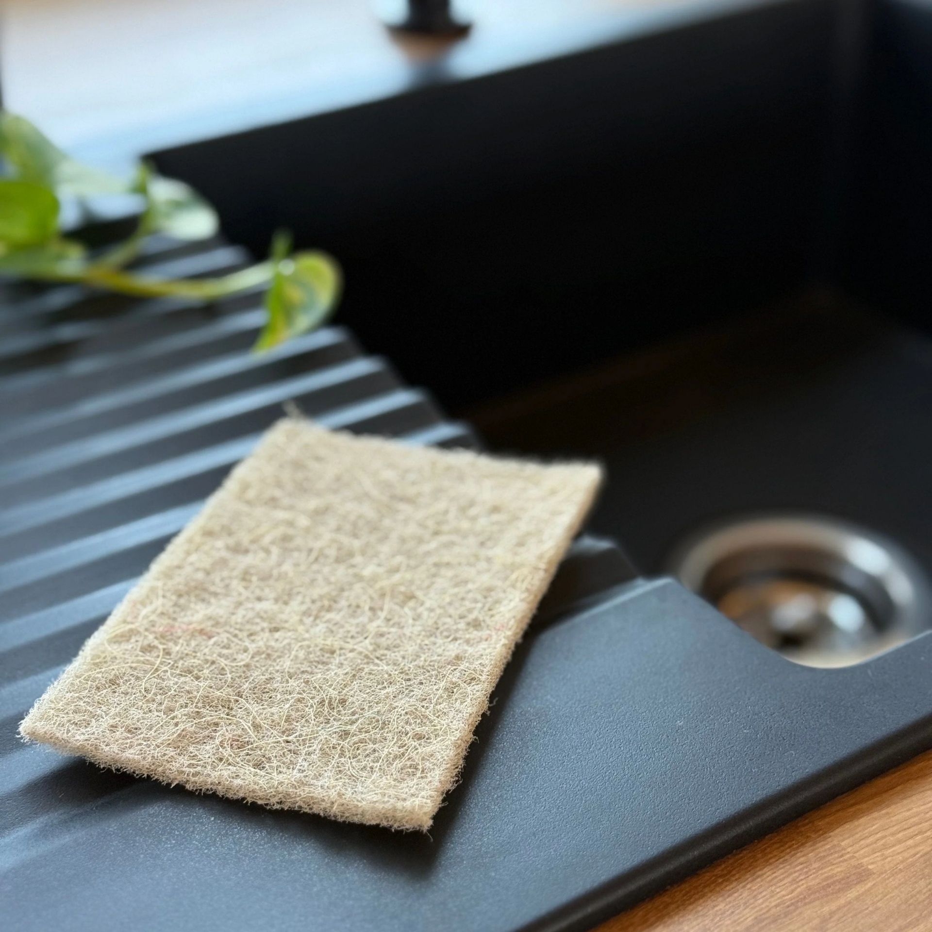 pandoo Sisal-Scheuerpad auf der Ablage neben einer schwarzen Kuechenspuele