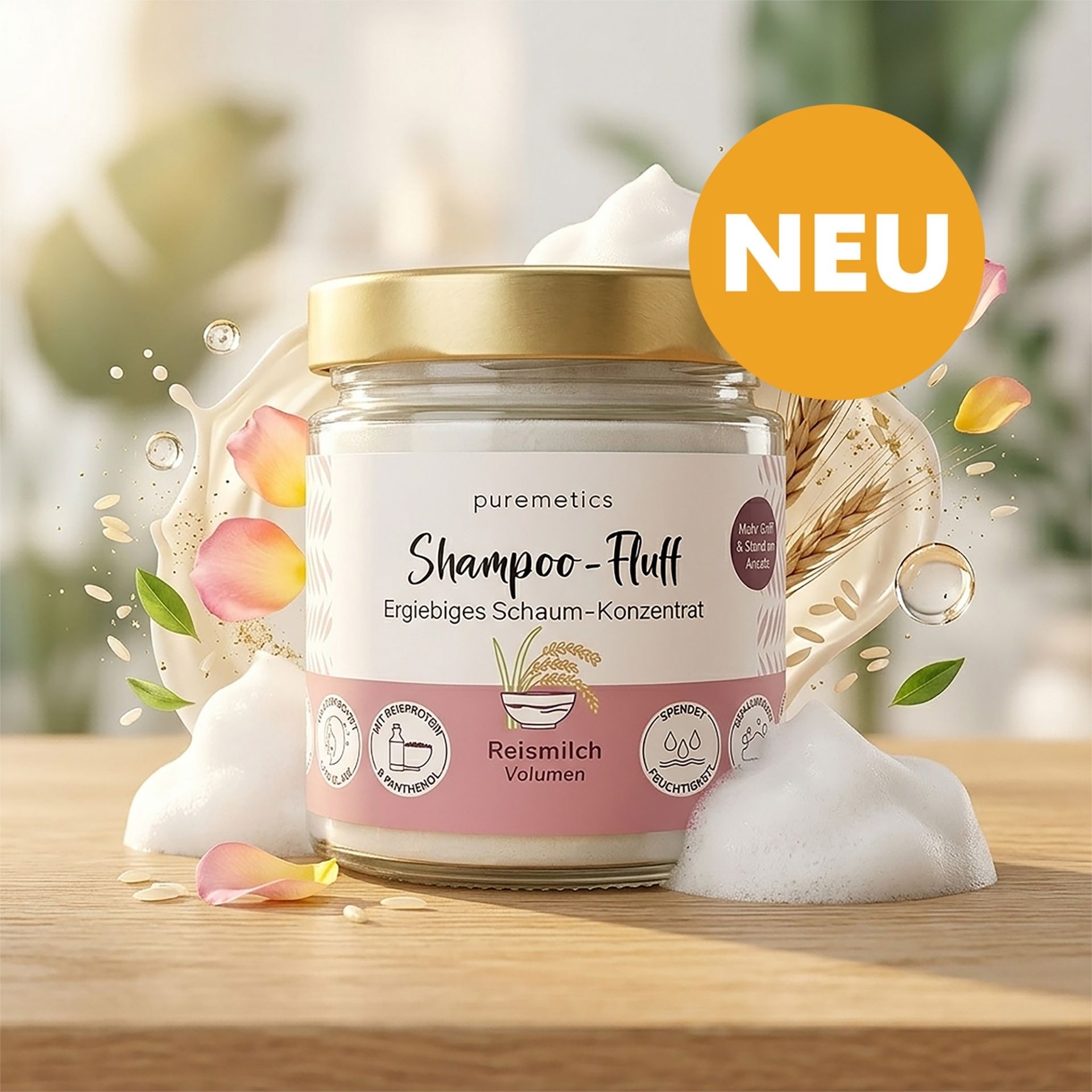 Puremetics Shampoo-Fluff Reismilch mit cremigem Schaum und Hinweis auf Neuheit